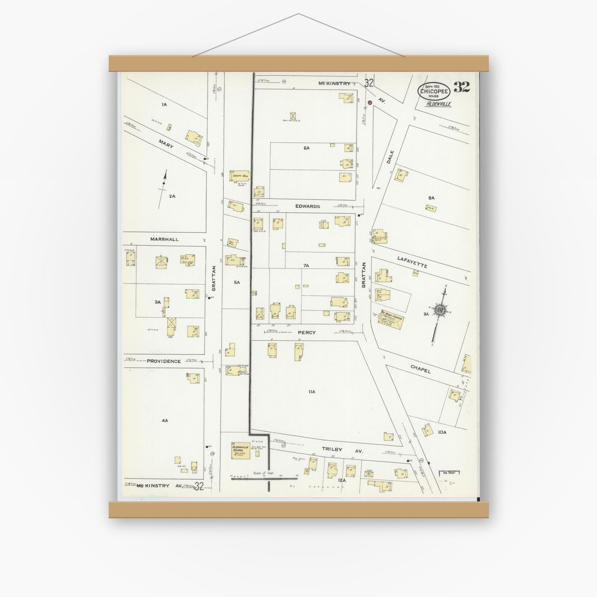 Old map wall art mockup — magnetic wood frame on white wall — Sanborn Fire Insurance Map from Chicopee, Hampden County, Massachusetts (1910), Sheet #0032