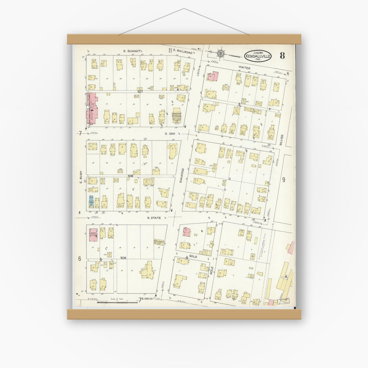 Old map wall art mockup — magnetic wood frame on white wall — Sanborn Fire Insurance Map from Kendallville, Noble County, Indiana (1914), Sheet #0008