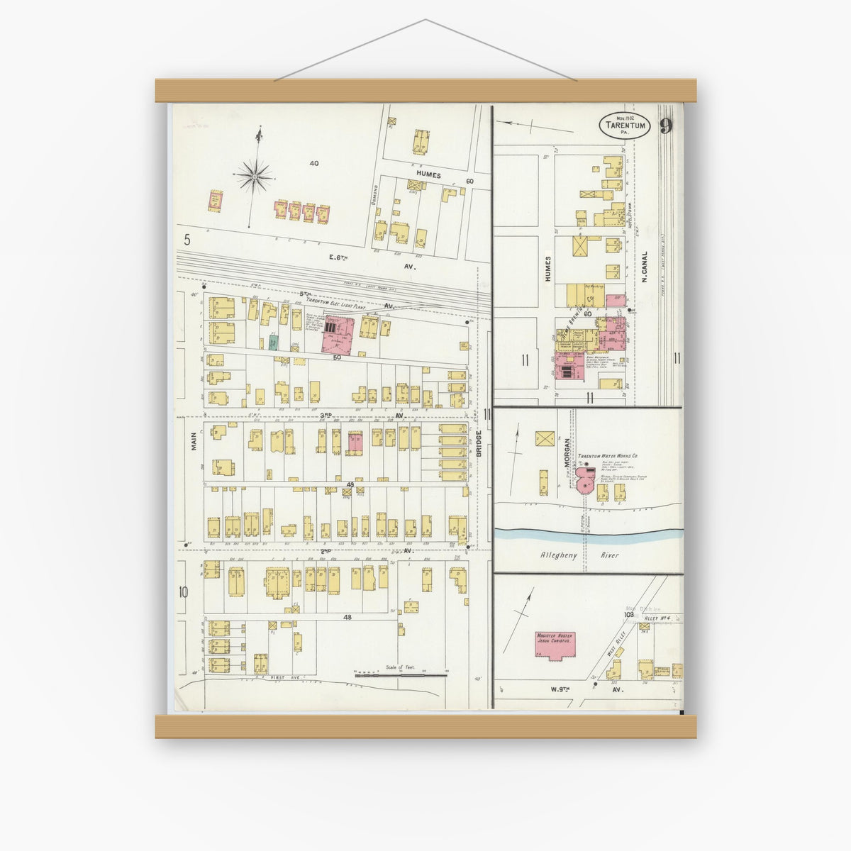 Old map wall art mockup — magnetic wood frame on white wall — Sanborn Fire Insurance Map from Tarentum, Allegheny County, Pennsylvania (1902), Sheet #0009