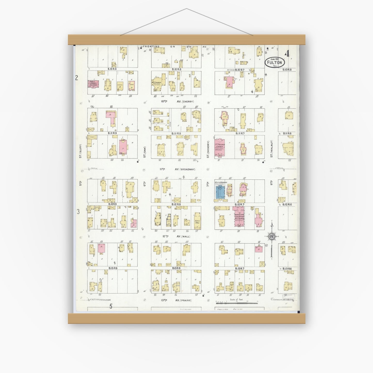 Old map wall art mockup — magnetic wood frame on white wall — Sanborn Fire Insurance Map from Fulton, Whiteside County, Illinois (1912), Sheet #0004