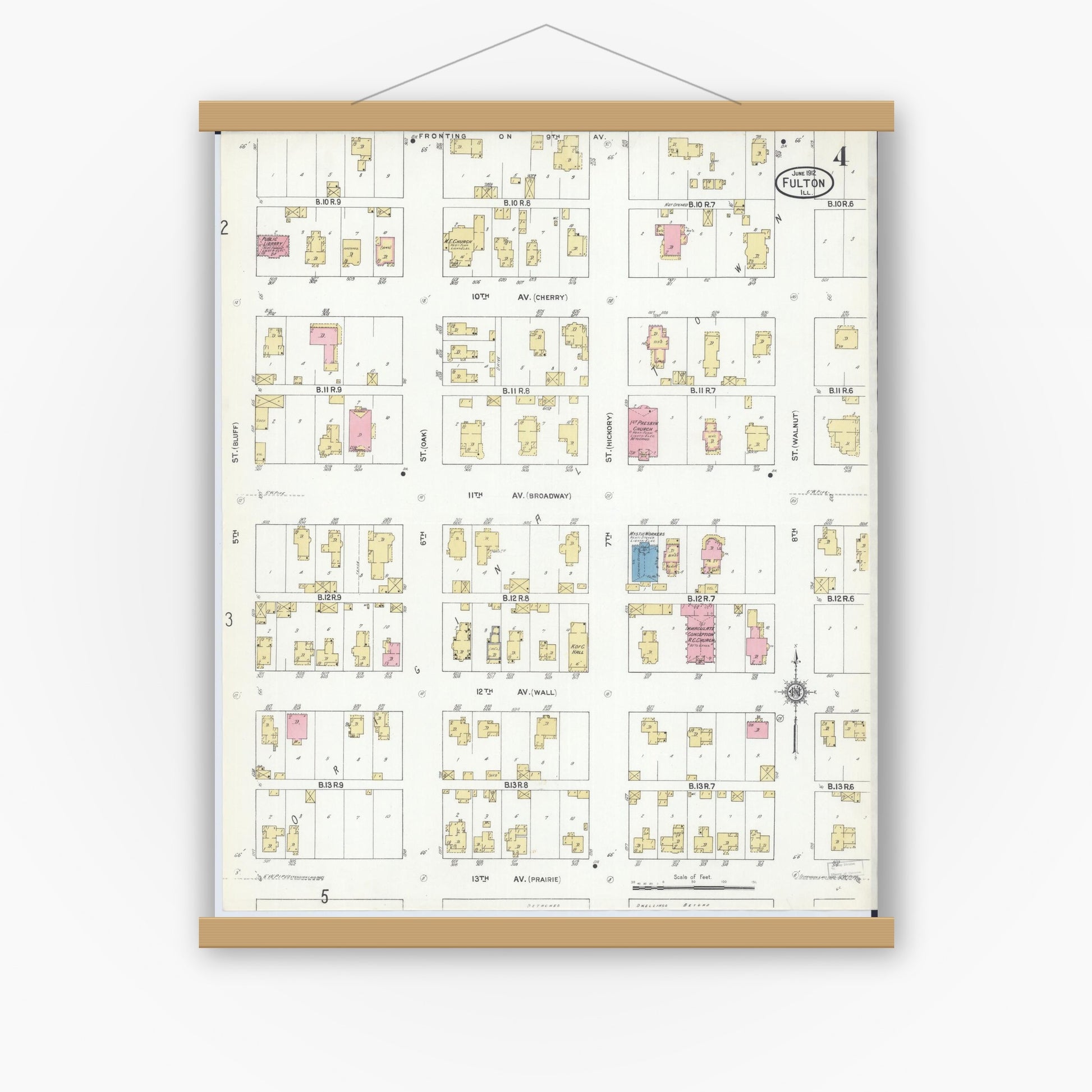 Old map wall art mockup — magnetic wood frame on white wall — Sanborn Fire Insurance Map from Fulton, Whiteside County, Illinois (1912), Sheet #0004