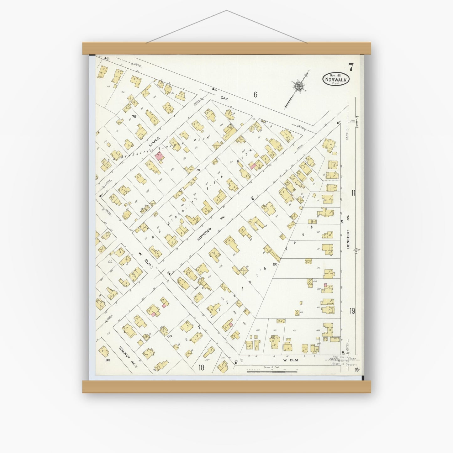 Old map wall art mockup — magnetic wood frame on white wall — Sanborn Fire Insurance Map from Norwalk, Huron County, Ohio (1911), Sheet #0007