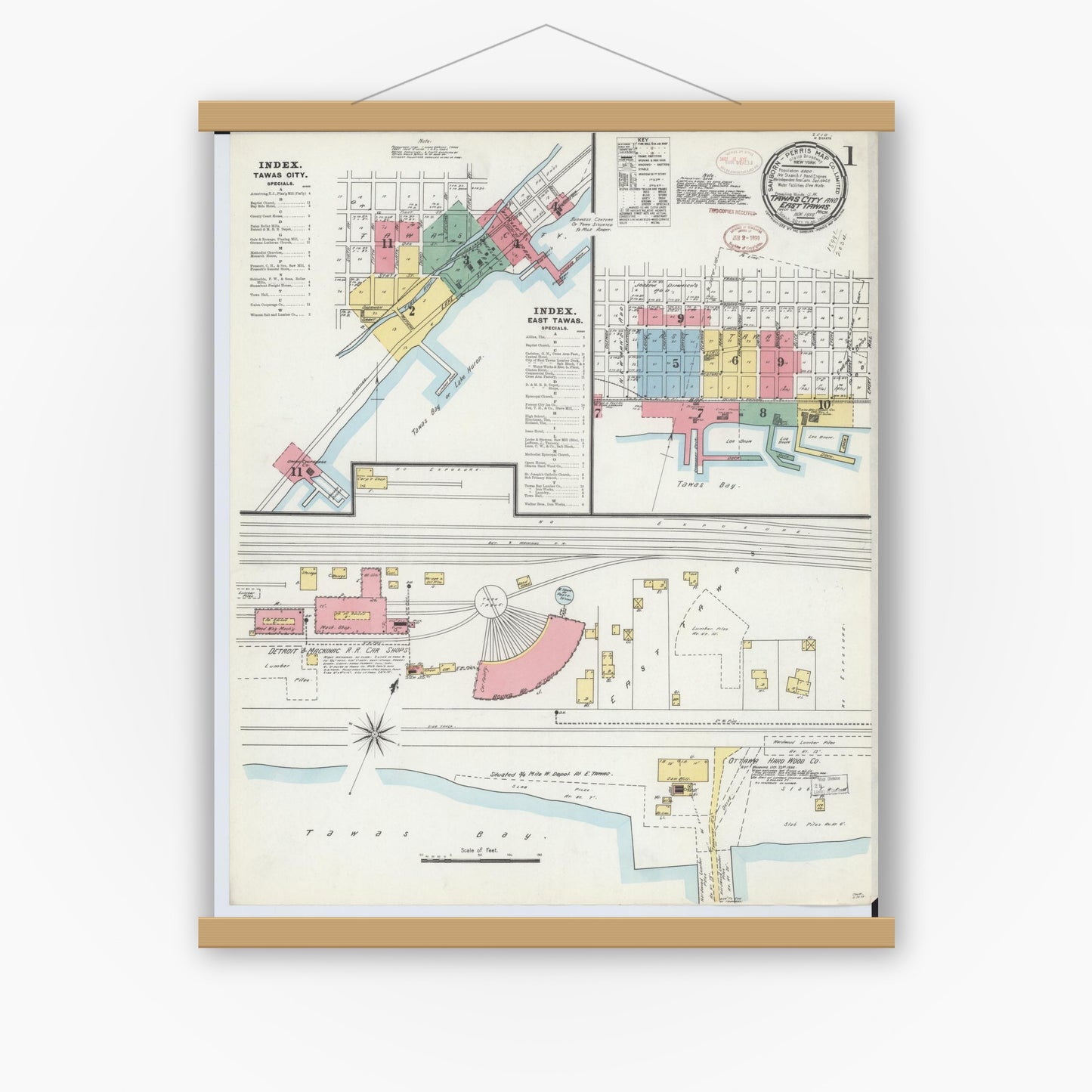 Old map wall art mockup — magnetic wood frame on white wall — Sanborn Fire Insurance Map from Tawas City, Iosco County, Michigan (1898), Sheet #0001