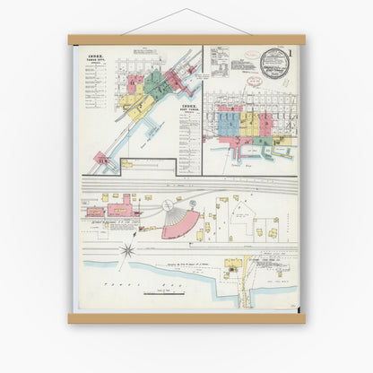 Old map wall art mockup — magnetic wood frame on white wall — Sanborn Fire Insurance Map from Tawas City, Iosco County, Michigan (1898), Sheet #0001