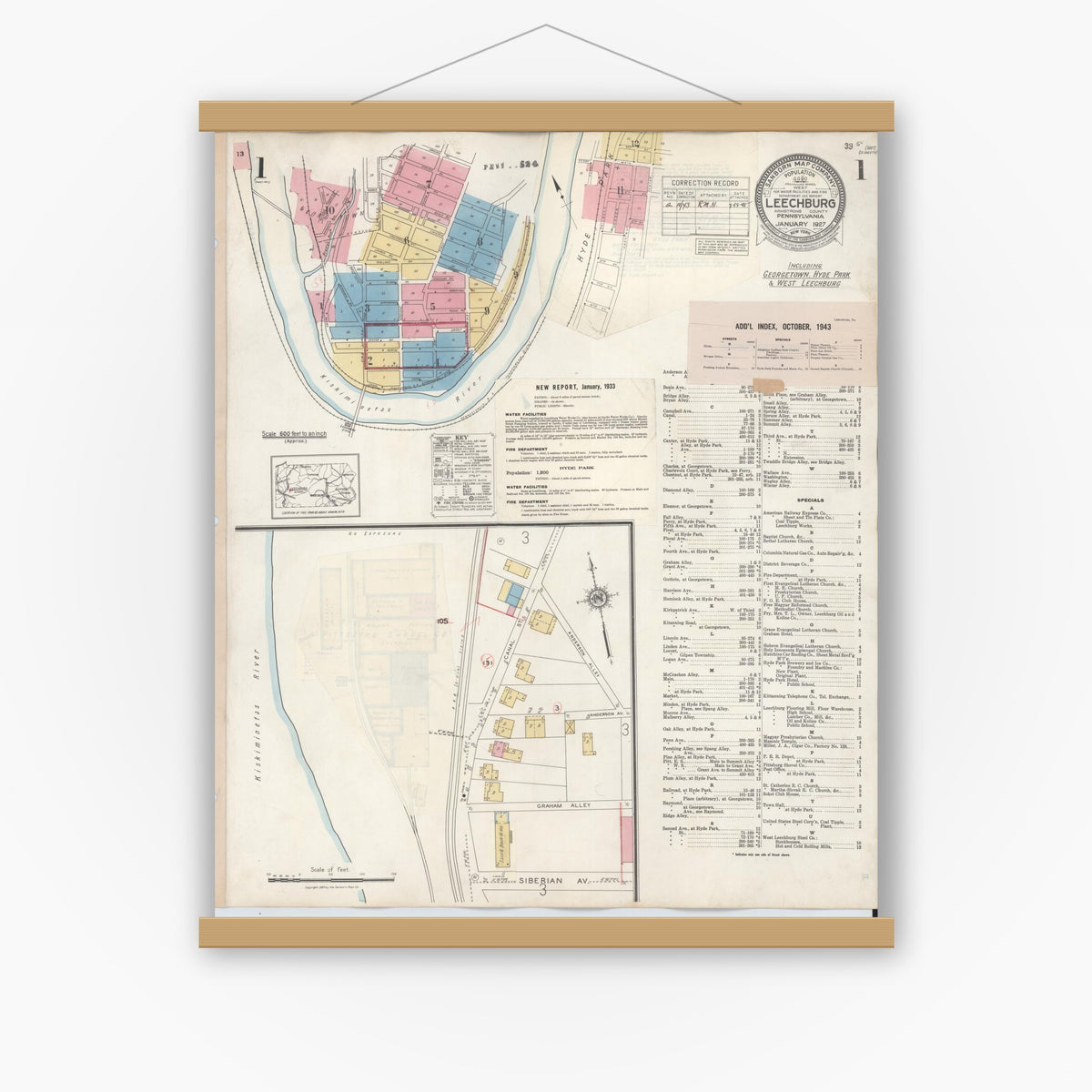 Old map wall art mockup — magnetic wood frame on white wall — Sanborn Fire Insurance Map from Leechburg, Armstrong County, Pennsylvania (1943) - Complete Map Set