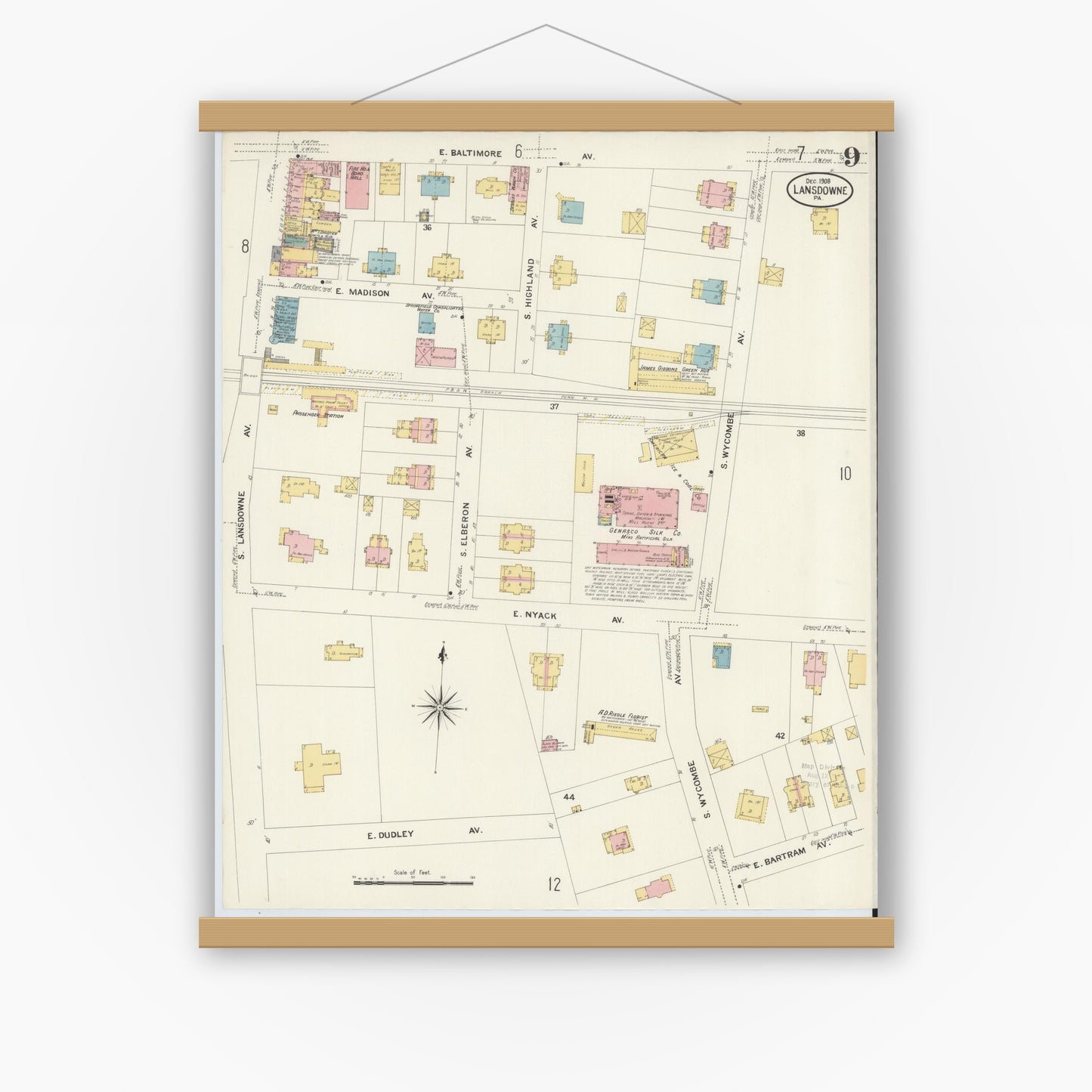 Old map wall art mockup — magnetic wood frame on white wall — Sanborn Fire Insurance Map from Lansdowne, Delaware County, Pennsylvania (1908), Sheet #0009