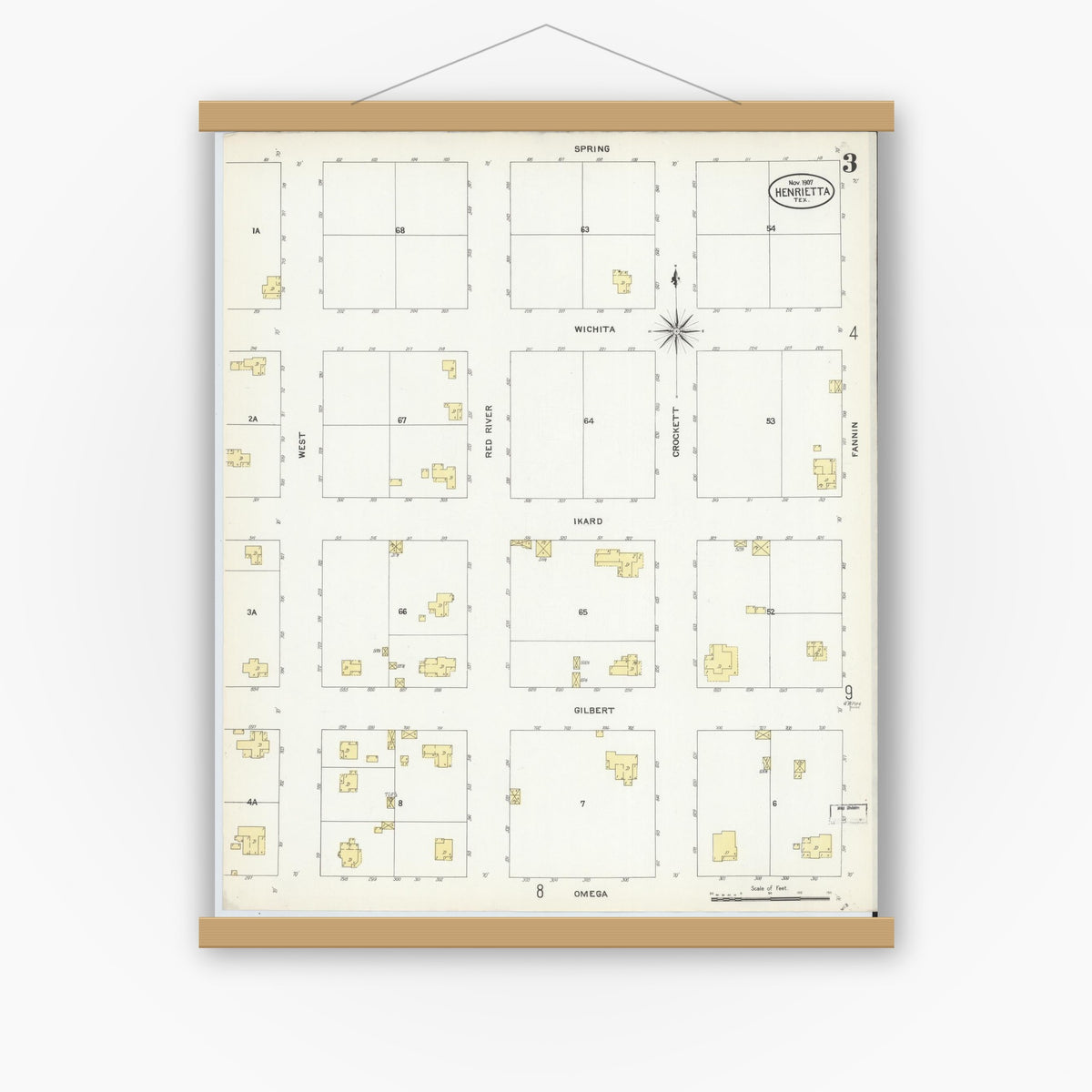 Old map wall art mockup — magnetic wood frame on white wall — Sanborn Fire Insurance Map from Henrietta, Clay County, Texas (1907), Sheet #0003