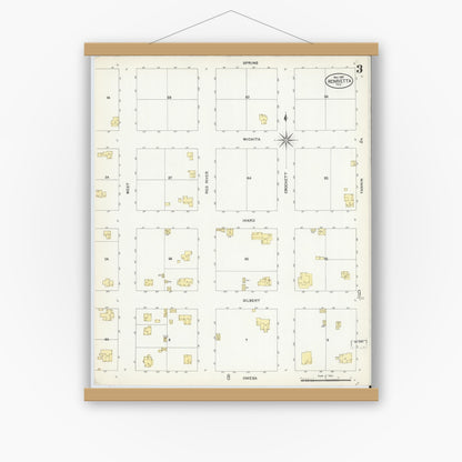 Old map wall art mockup — magnetic wood frame on white wall — Sanborn Fire Insurance Map from Henrietta, Clay County, Texas (1907), Sheet #0003