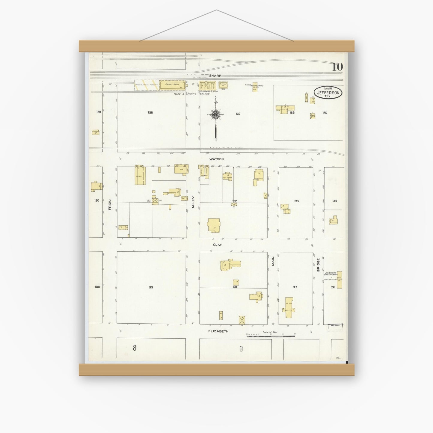 Old map wall art mockup — magnetic wood frame on white wall — Sanborn Fire Insurance Map from Jefferson, Marion County, Texas (1911), Sheet #0010
