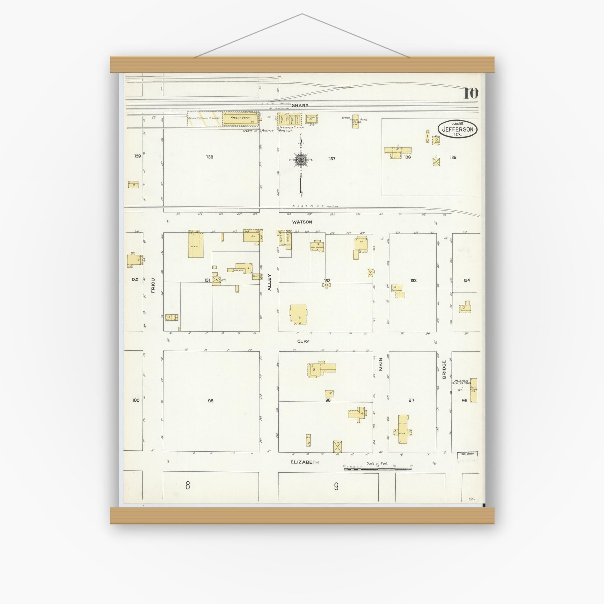 Old map wall art mockup — magnetic wood frame on white wall — Sanborn Fire Insurance Map from Jefferson, Marion County, Texas (1911), Sheet #0010