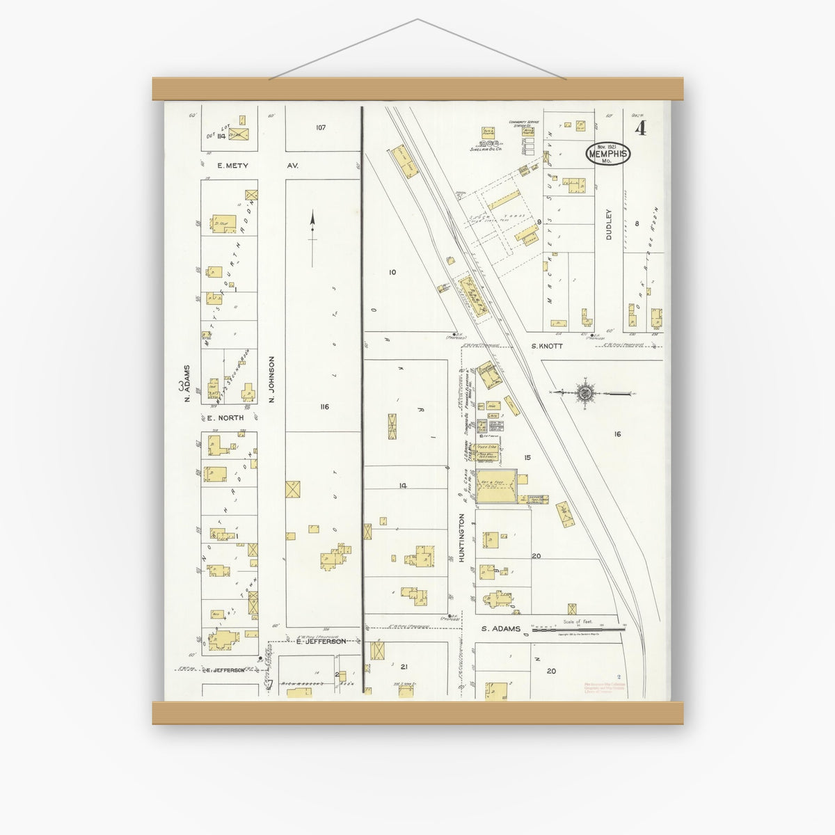 Old map wall art mockup — magnetic wood frame on white wall — Sanborn Fire Insurance Map from Memphis, Scotland County, Missouri (1921), Sheet #0004