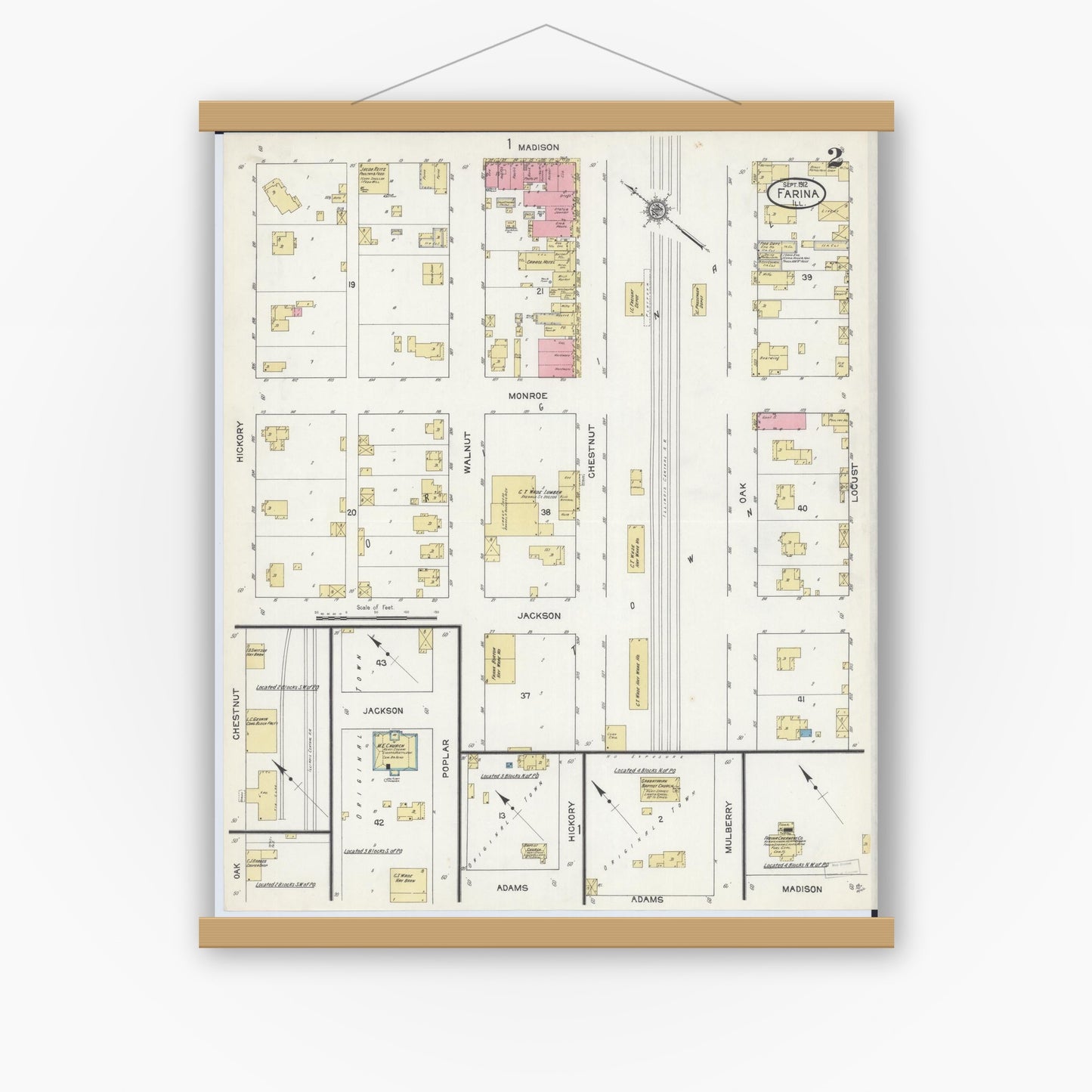 Old map wall art mockup — magnetic wood frame on white wall — Sanborn Fire Insurance Map from Farina, Fayette County, Illinois (1912), Sheet #0002