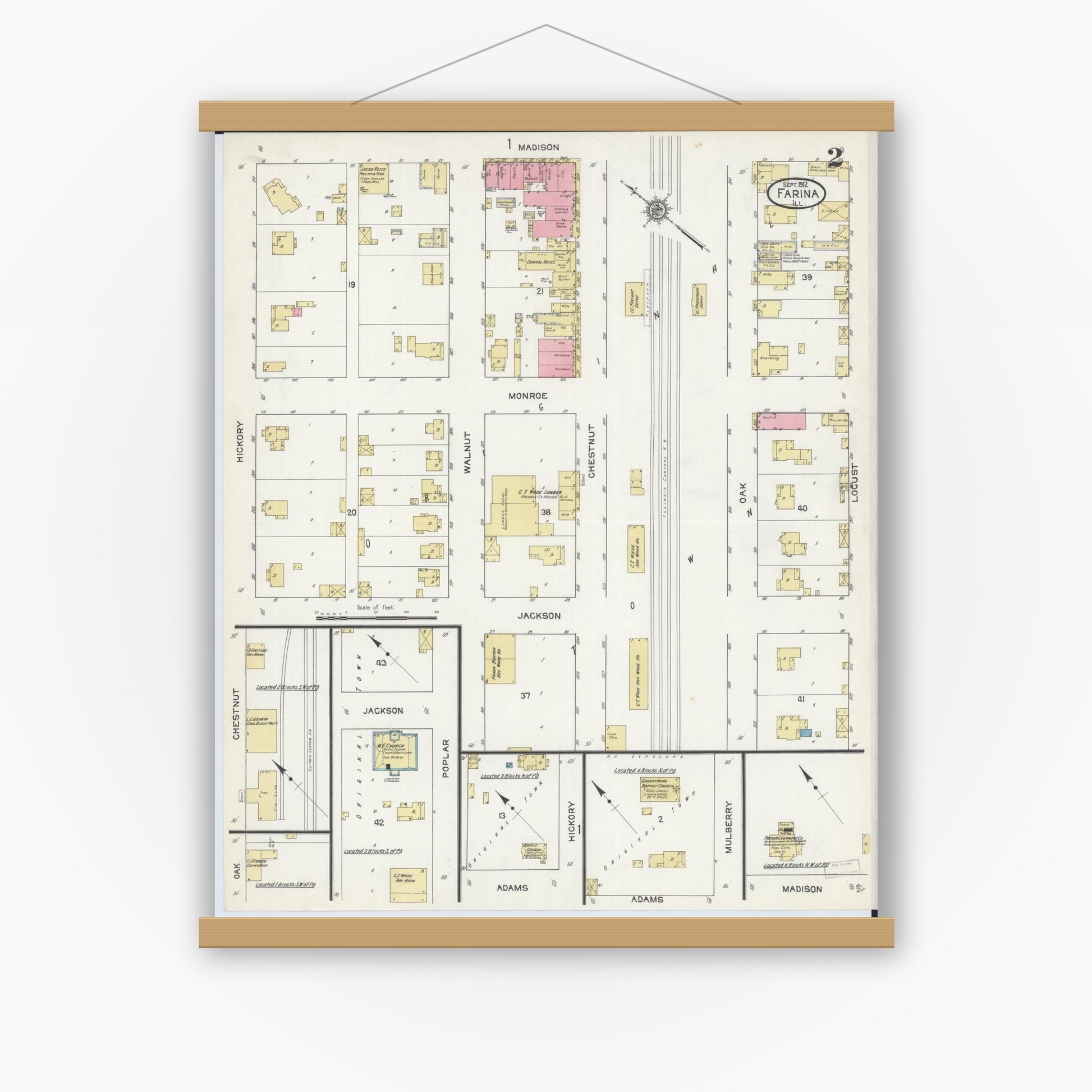 Old map wall art mockup — magnetic wood frame on white wall — Sanborn Fire Insurance Map from Farina, Fayette County, Illinois (1912), Sheet #0002