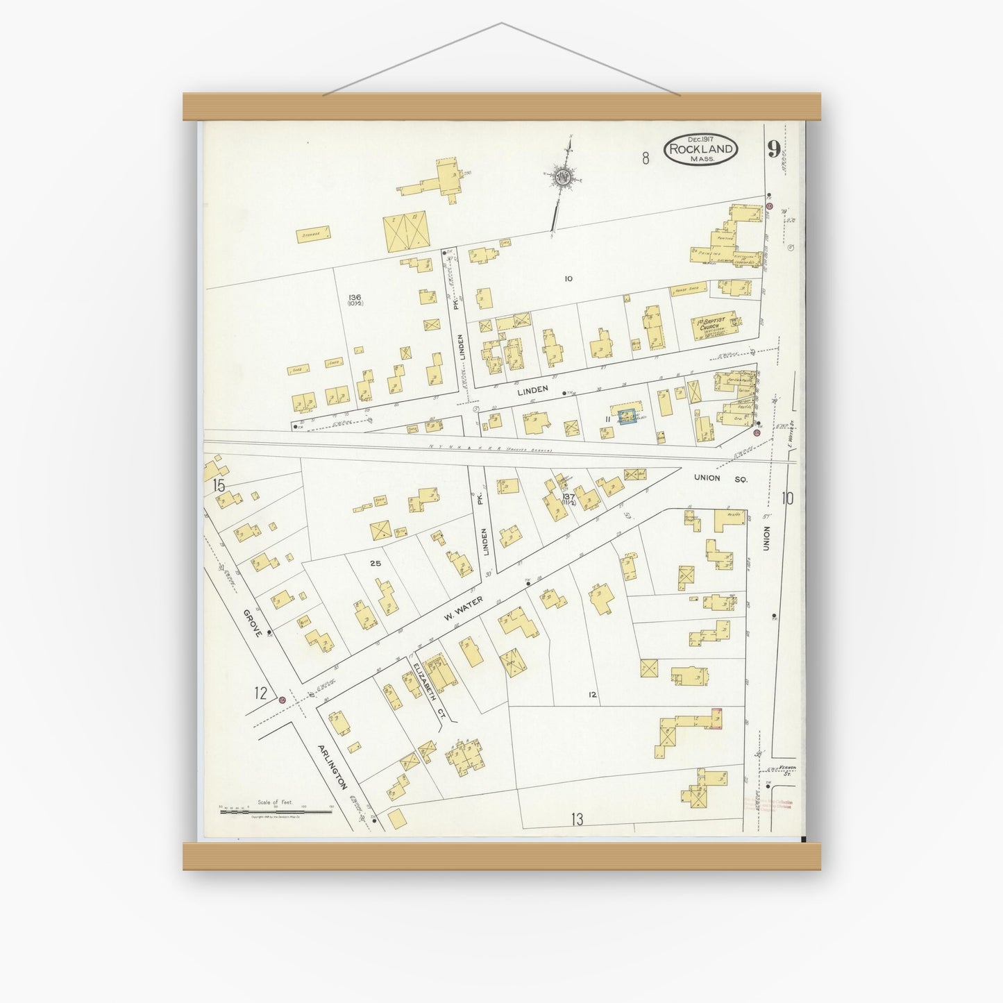 Old map wall art mockup — magnetic wood frame on white wall — Sanborn Fire Insurance Map from Rockland, Plymouth County, Massachusetts (1917), Sheet #0009
