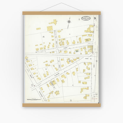 Old map wall art mockup — magnetic wood frame on white wall — Sanborn Fire Insurance Map from Rockland, Plymouth County, Massachusetts (1917), Sheet #0009