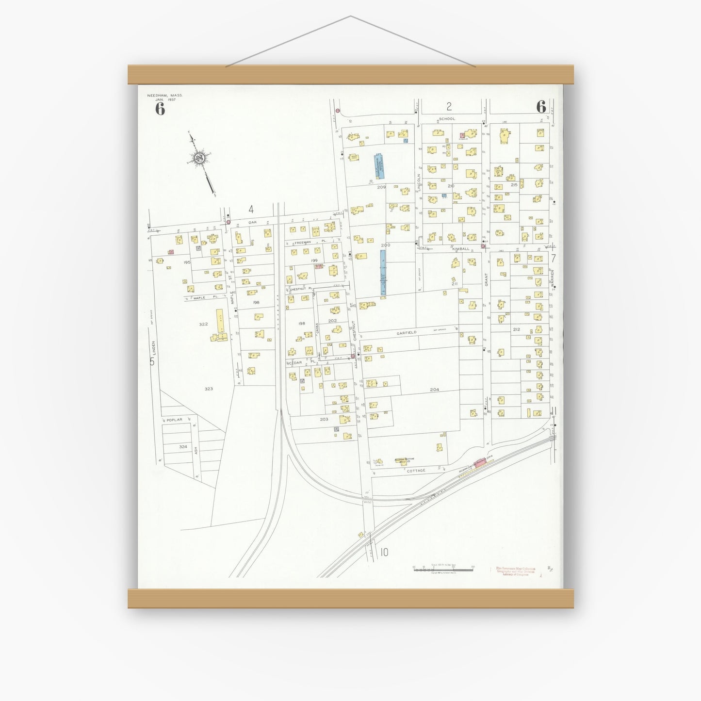 Old map wall art mockup — magnetic wood frame on white wall — Sanborn Fire Insurance Map from Needham, Norfolk County, Massachusetts (1937), Sheet #0006