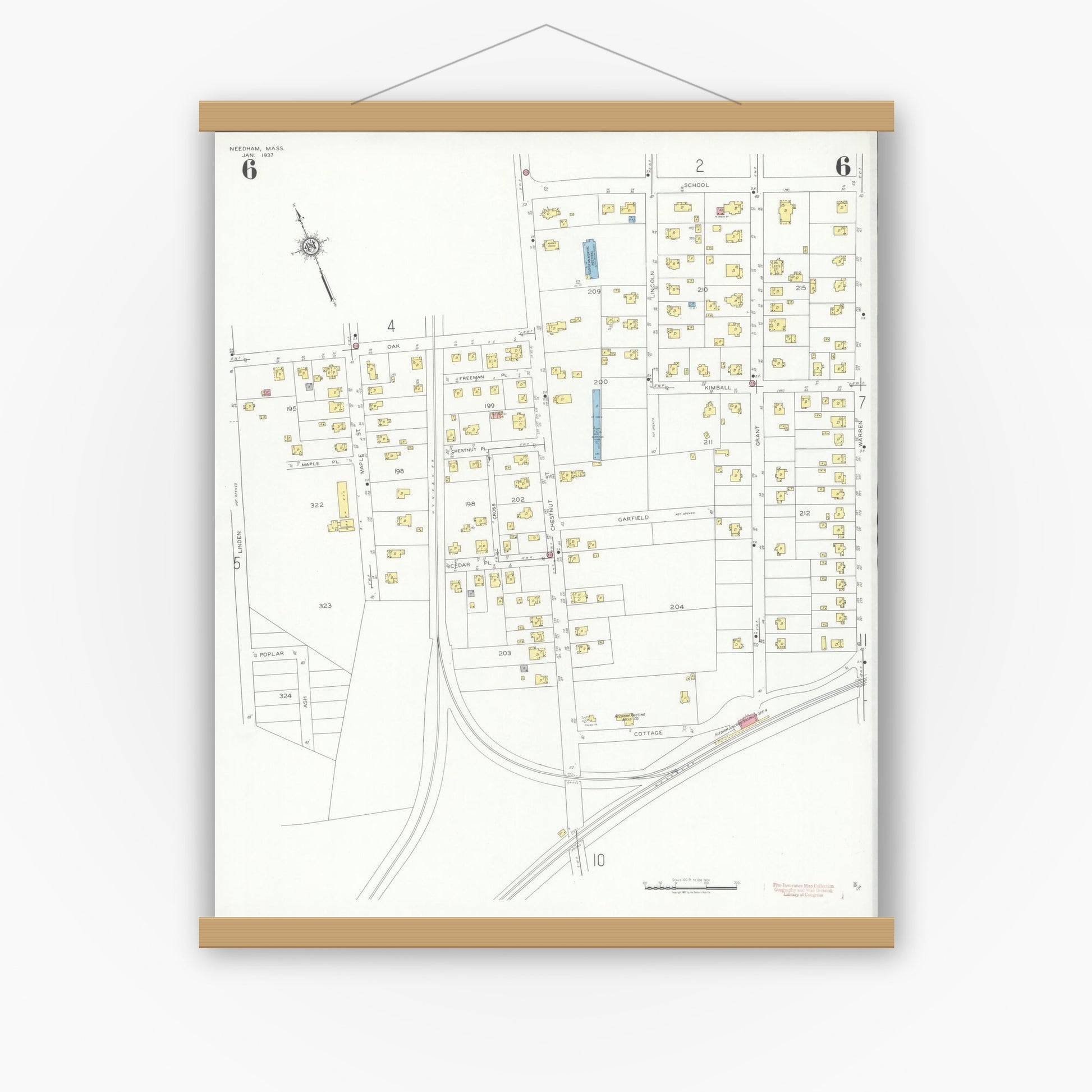 Old map wall art mockup — magnetic wood frame on white wall — Sanborn Fire Insurance Map from Needham, Norfolk County, Massachusetts (1937), Sheet #0006