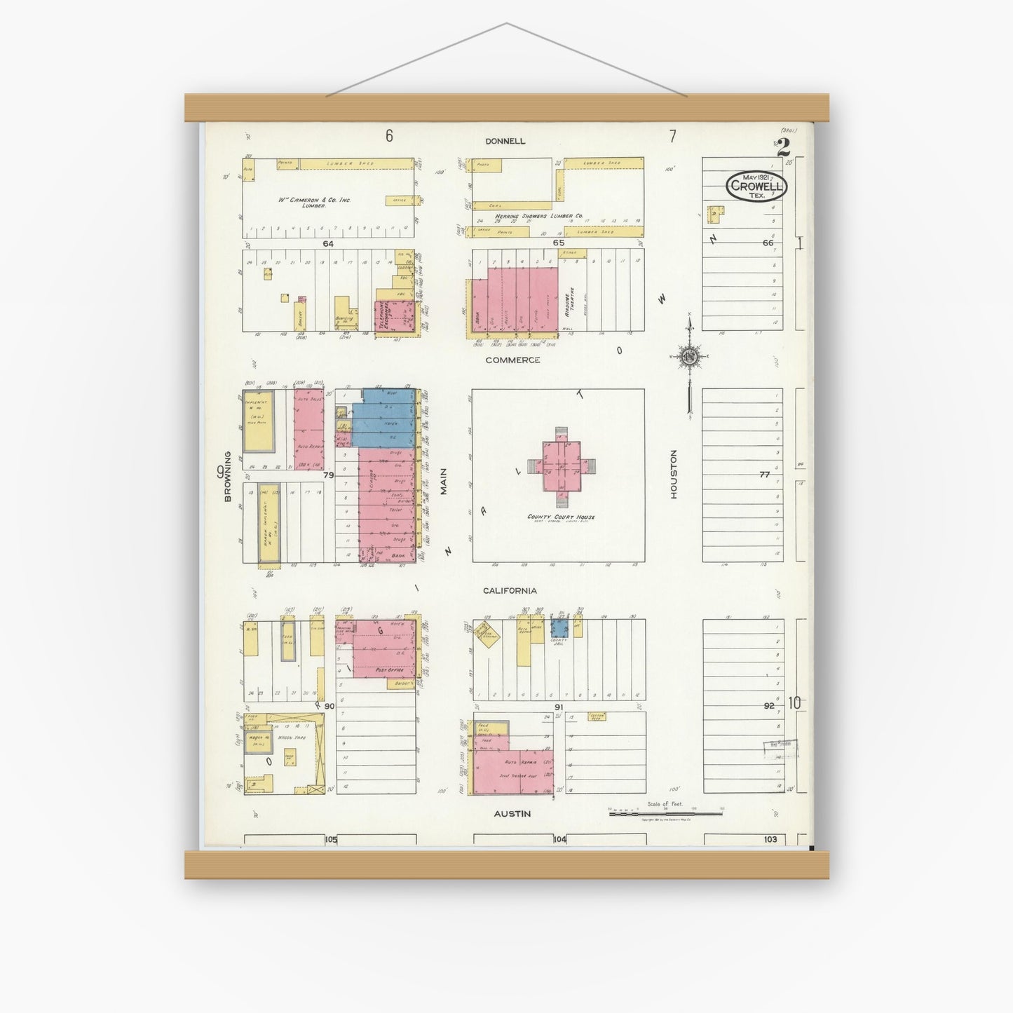 Old map wall art mockup — magnetic wood frame on white wall — Sanborn Fire Insurance Map from Crowell, Foard County, Texas (1921), Sheet #0002