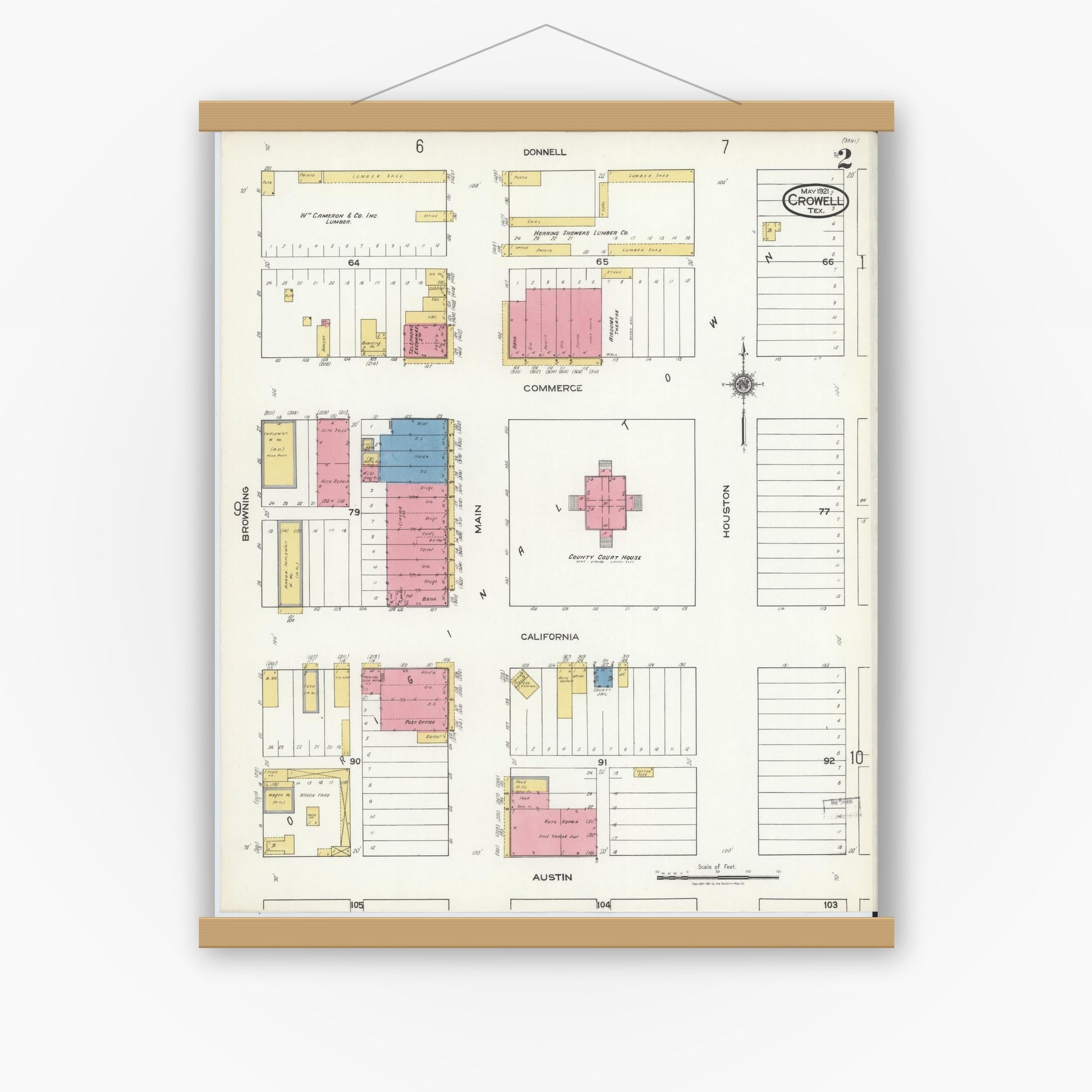 Old map wall art mockup — magnetic wood frame on white wall — Sanborn Fire Insurance Map from Crowell, Foard County, Texas (1921), Sheet #0002