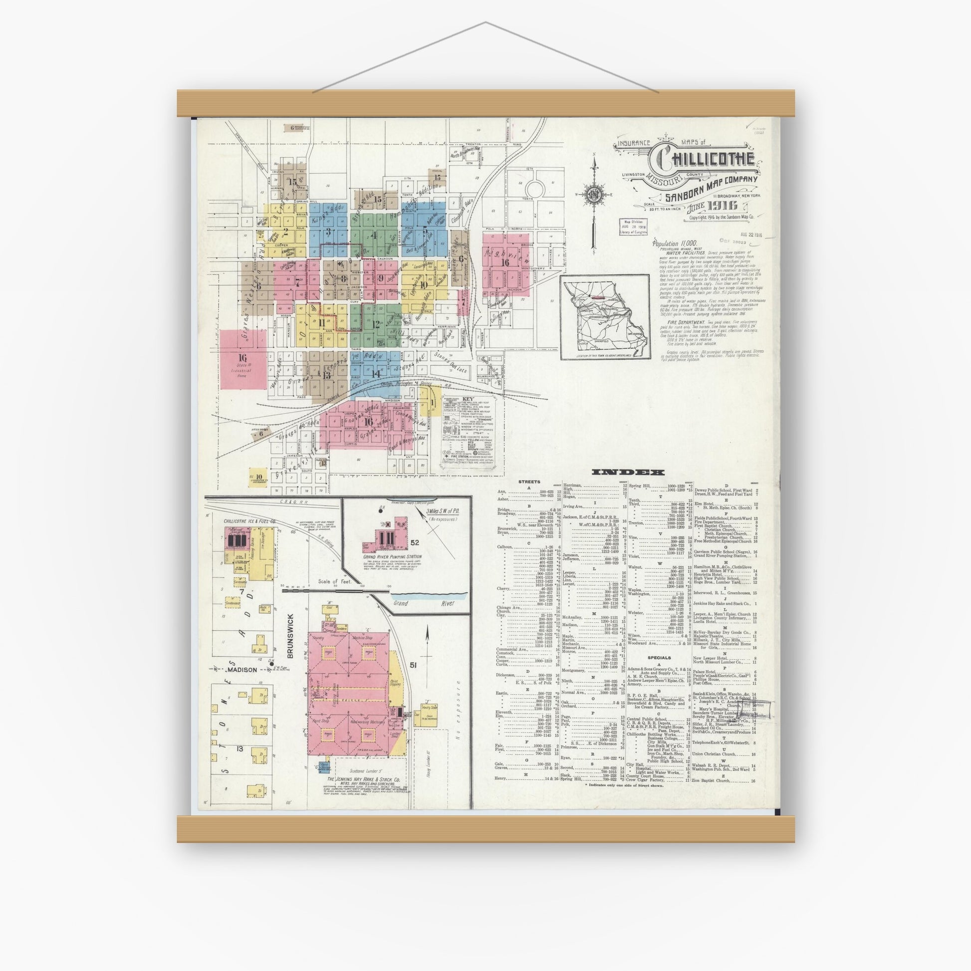 Old map wall art mockup — magnetic wood frame on white wall — Sanborn Fire Insurance Map from Chillicothe, Livingston County, Missouri (1916) - Complete Map Set