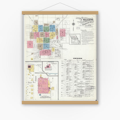Old map wall art mockup — magnetic wood frame on white wall — Sanborn Fire Insurance Map from Chillicothe, Livingston County, Missouri (1916) - Complete Map Set