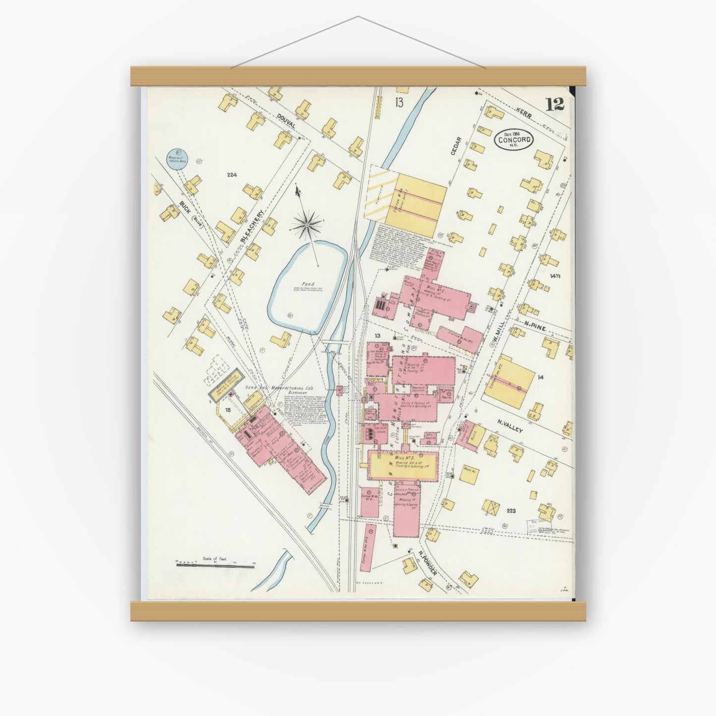 Old map wall art mockup — magnetic wood frame on white wall — Sanborn Fire Insurance Map from Concord, Cabarrus County, North Carolina (1906), Sheet #0012
