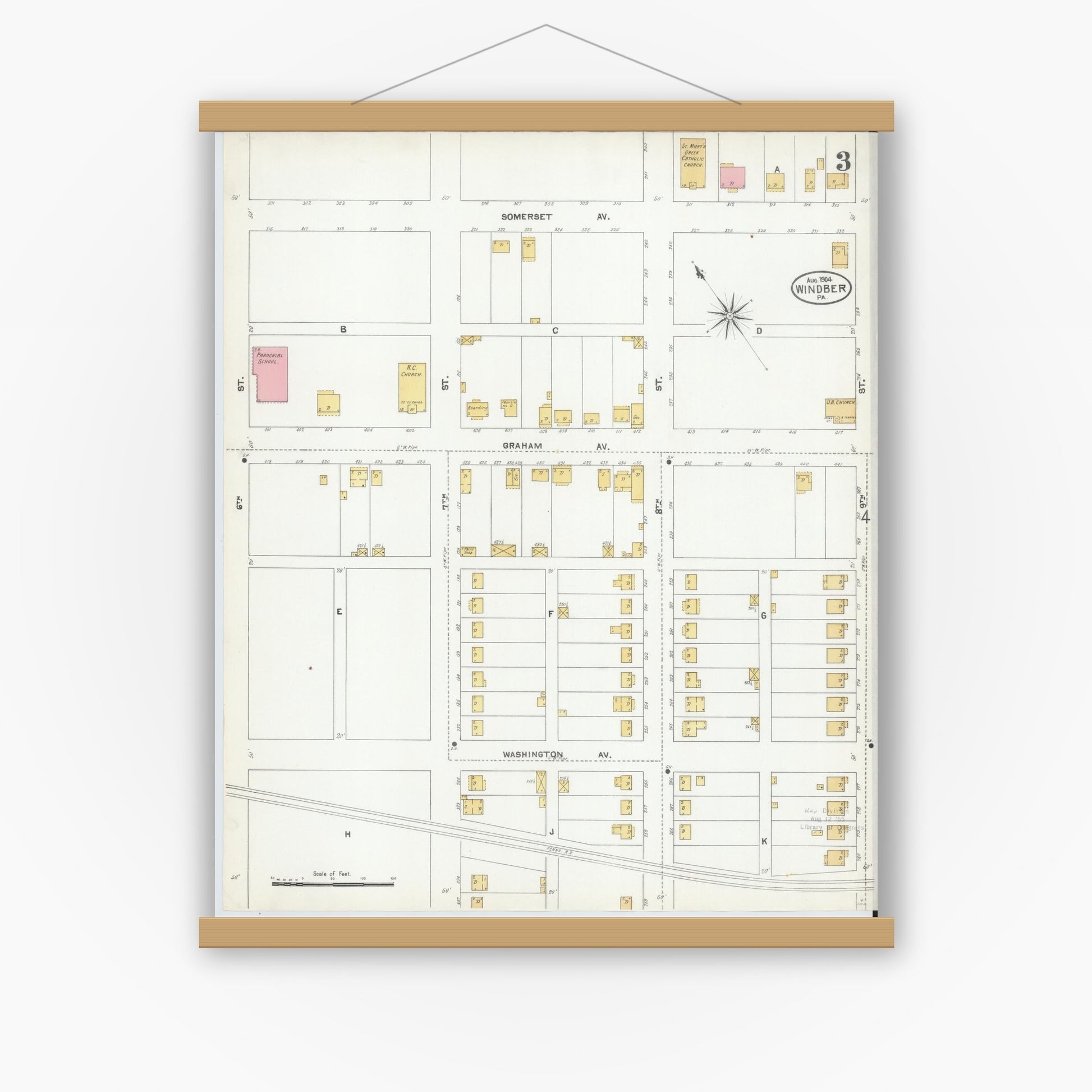 Old map wall art mockup — magnetic wood frame on white wall — Sanborn Fire Insurance Map from Windber, Somerset County, Pennsylvania (1904), Sheet #0003