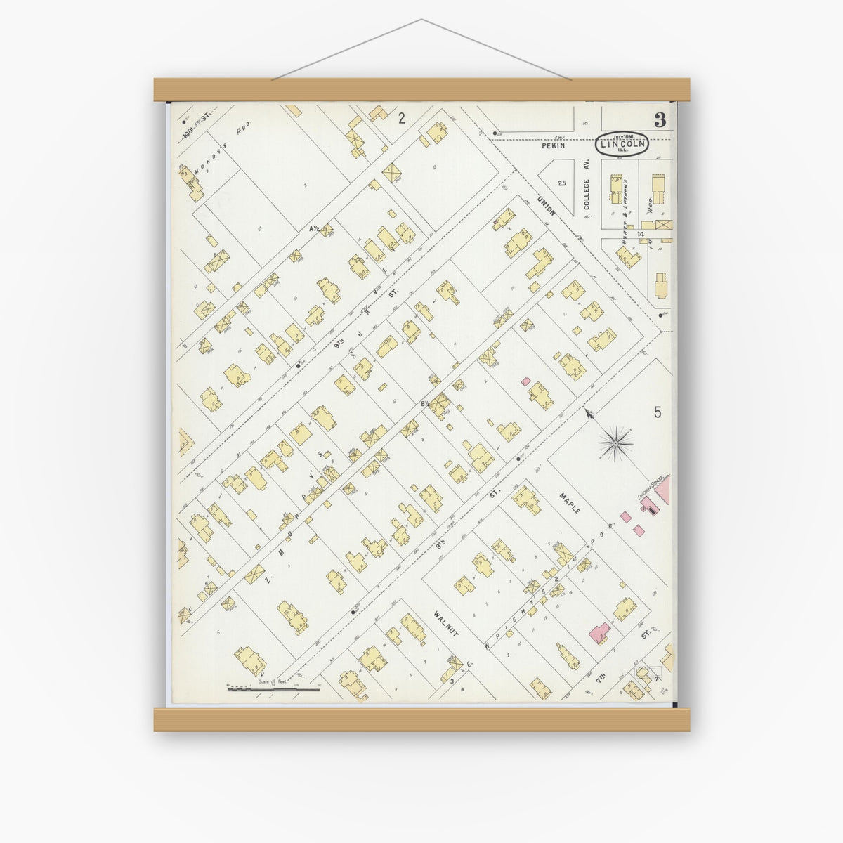 Old map wall art mockup — magnetic wood frame on white wall — Sanborn Fire Insurance Map from Lincoln, Logan County, Illinois (1896), Sheet #0003