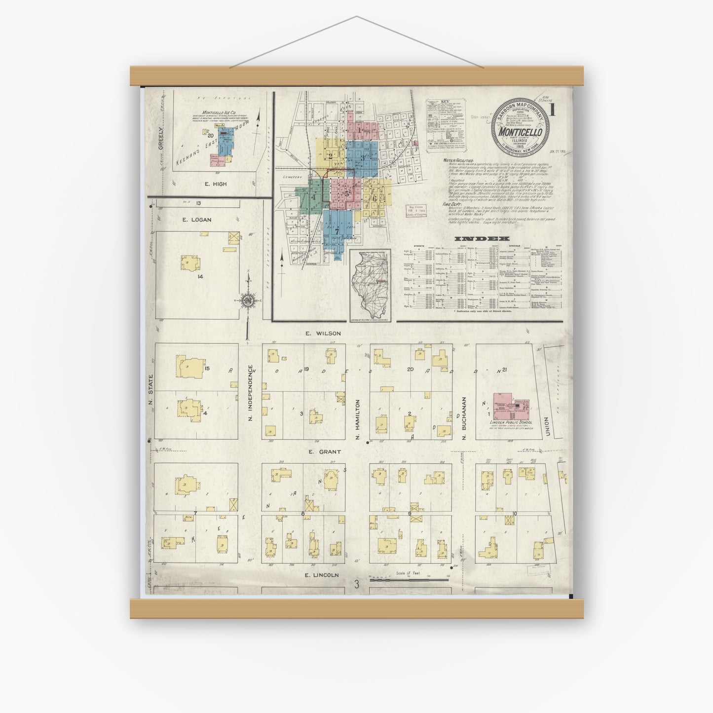 Old map wall art mockup — magnetic wood frame on white wall — Sanborn Fire Insurance Map from Monticello, Piatt County, Illinois (1915) - Complete Map Set