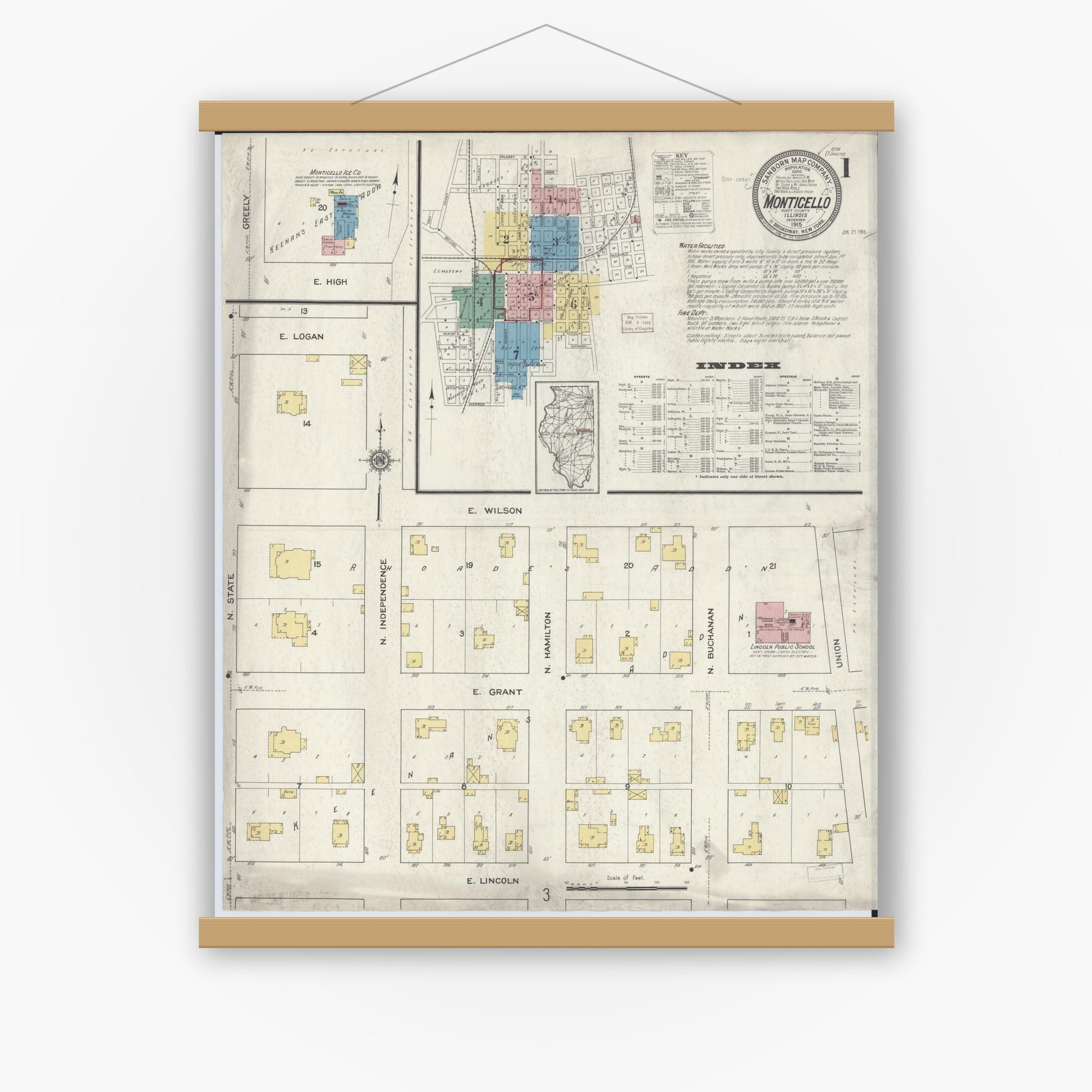 Old map wall art mockup — magnetic wood frame on white wall — Sanborn Fire Insurance Map from Monticello, Piatt County, Illinois (1915) - Complete Map Set
