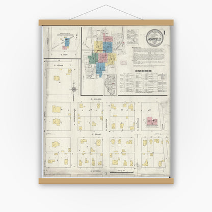 Old map wall art mockup — magnetic wood frame on white wall — Sanborn Fire Insurance Map from Monticello, Piatt County, Illinois (1915) - Complete Map Set