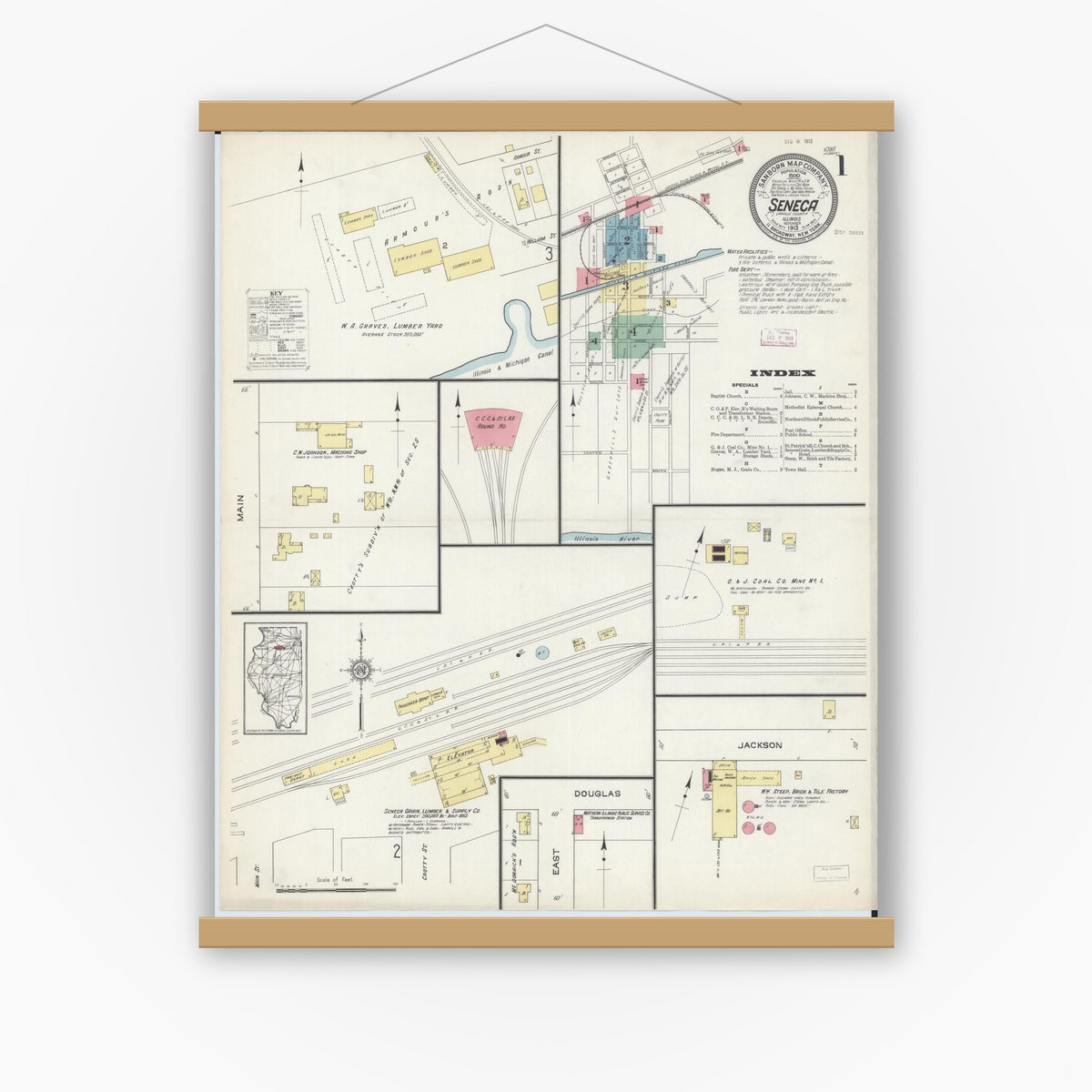 Old map wall art mockup — magnetic wood frame on white wall — Sanborn Fire Insurance Map from Seneca, La Salle County, Illinois (1913), Sheet #0001