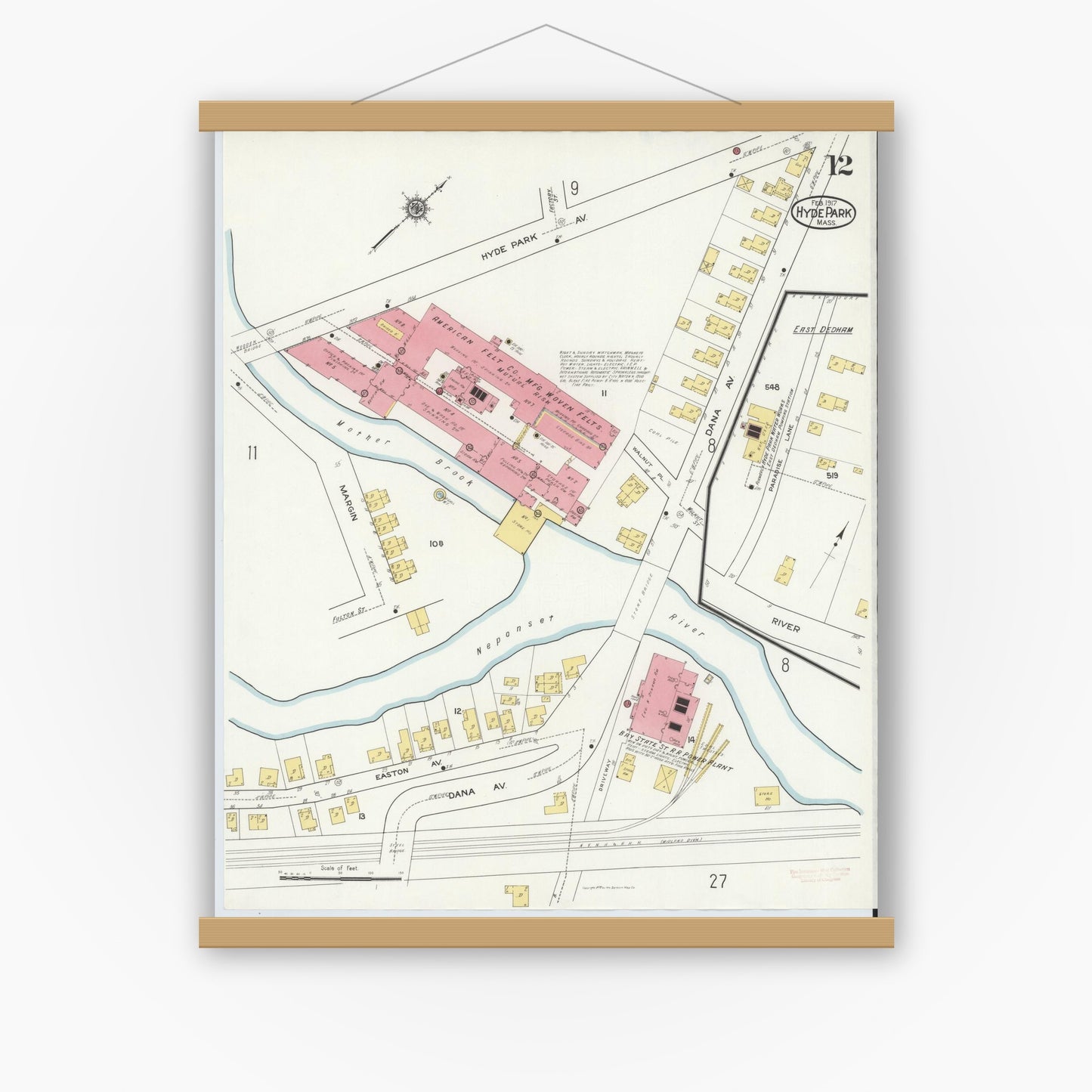 Old map wall art mockup — magnetic wood frame on white wall — Sanborn Fire Insurance Map from Hyde Park, Norfolk County, Massachusetts (1917), Sheet #0012