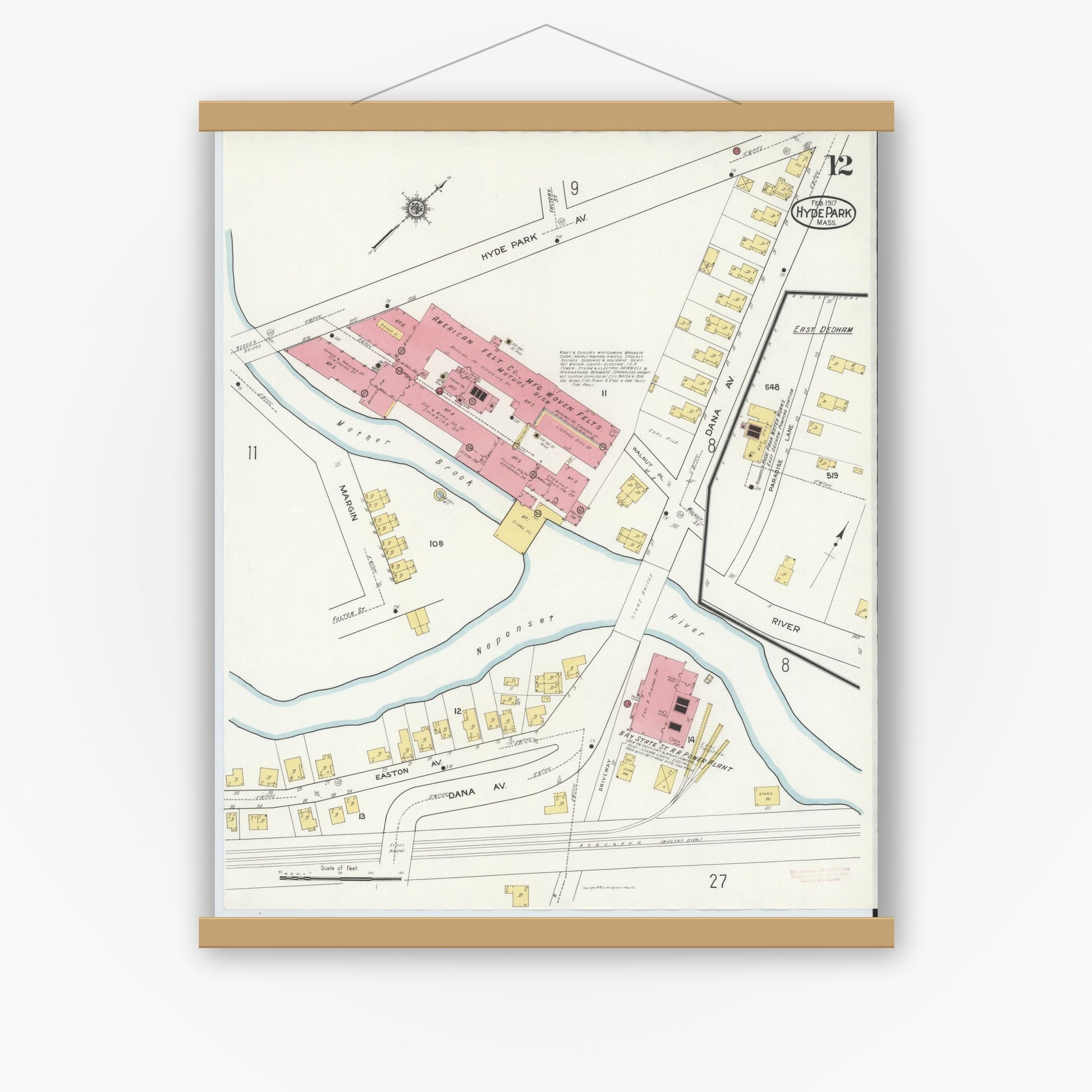 Old map wall art mockup — magnetic wood frame on white wall — Sanborn Fire Insurance Map from Hyde Park, Norfolk County, Massachusetts (1917), Sheet #0012