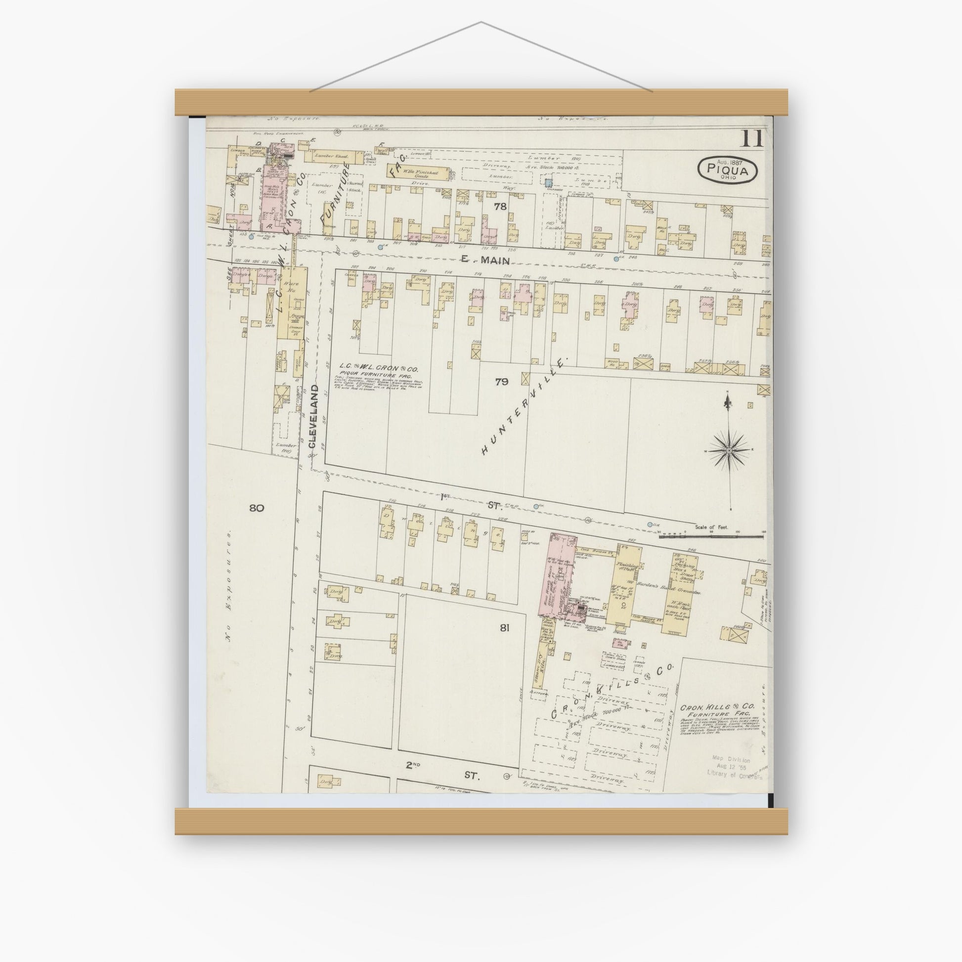 Old map wall art mockup — magnetic wood frame on white wall — Sanborn Fire Insurance Map from Piqua, Miami County, Ohio (1887), Sheet #0011