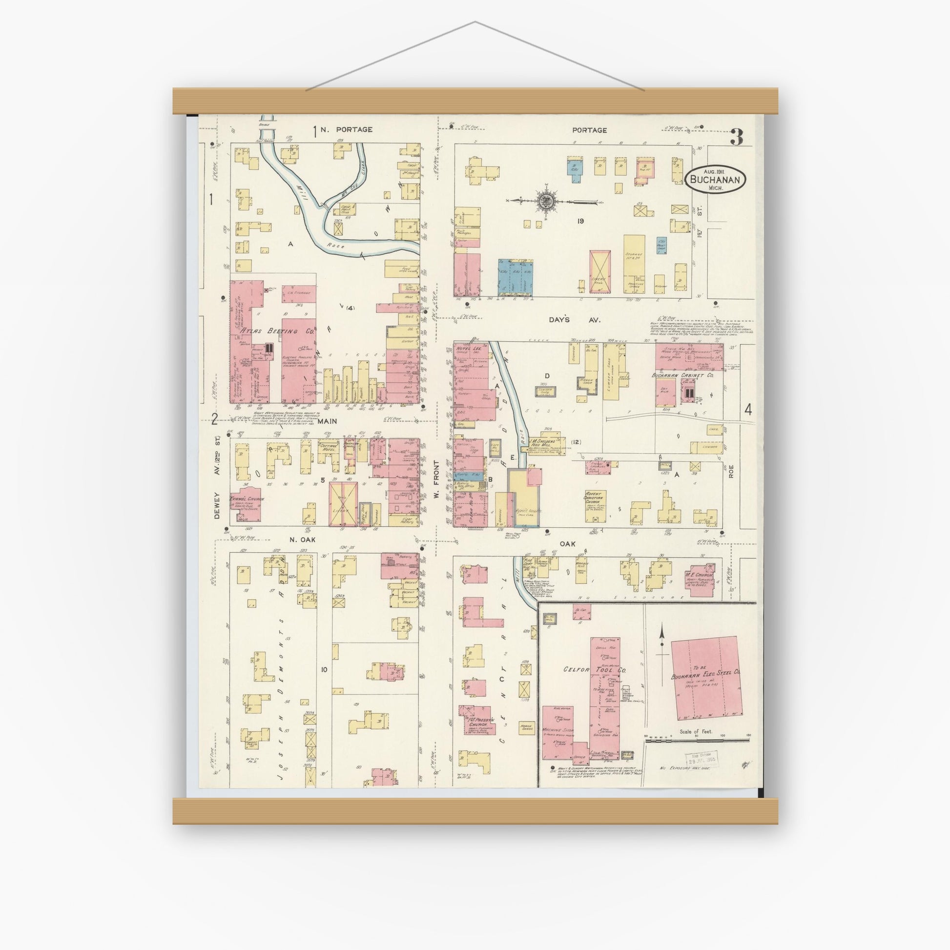 Old map wall art mockup — magnetic wood frame on white wall — Sanborn Fire Insurance Map from Buchanan, Berrien County, Michigan (1911), Sheet #0003