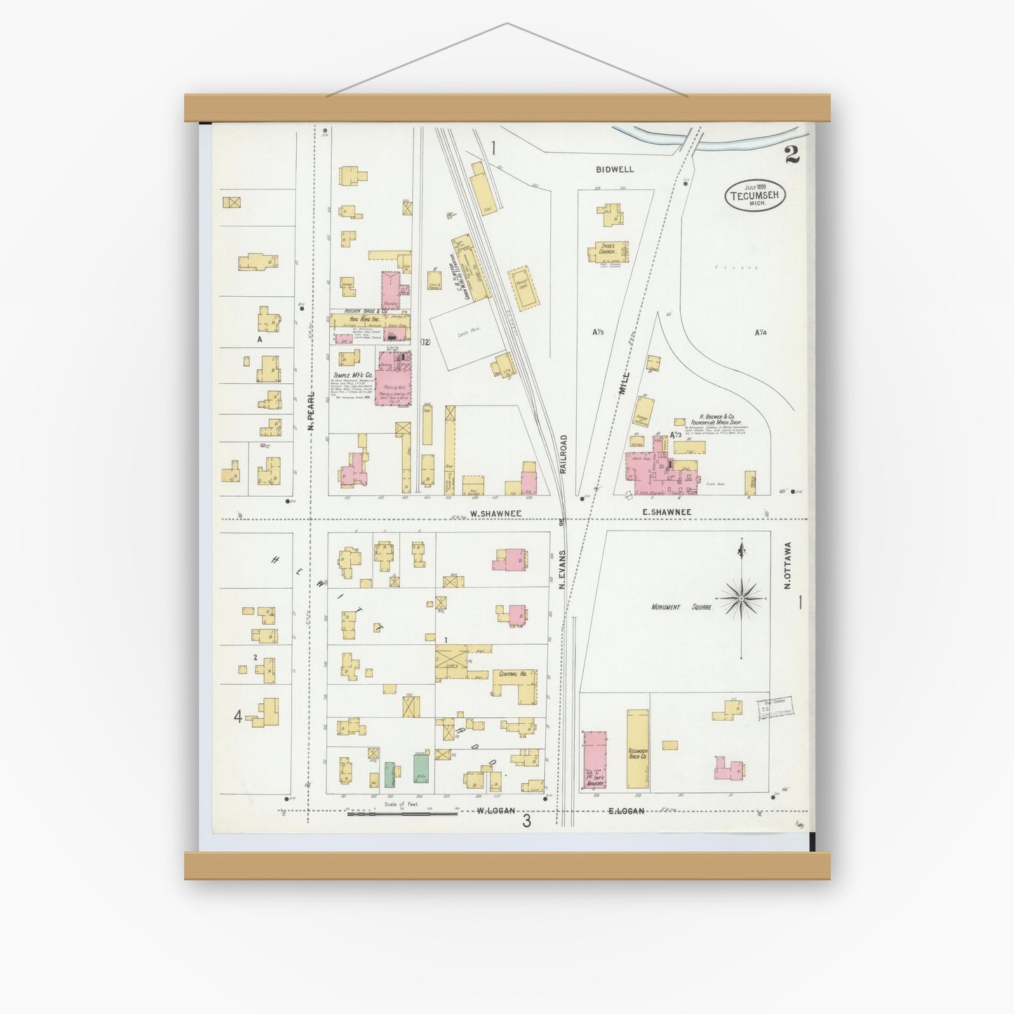 Old map wall art mockup — magnetic wood frame on white wall — Sanborn Fire Insurance Map from Tecumseh, Lenawee County, Michigan (1899), Sheet #0002