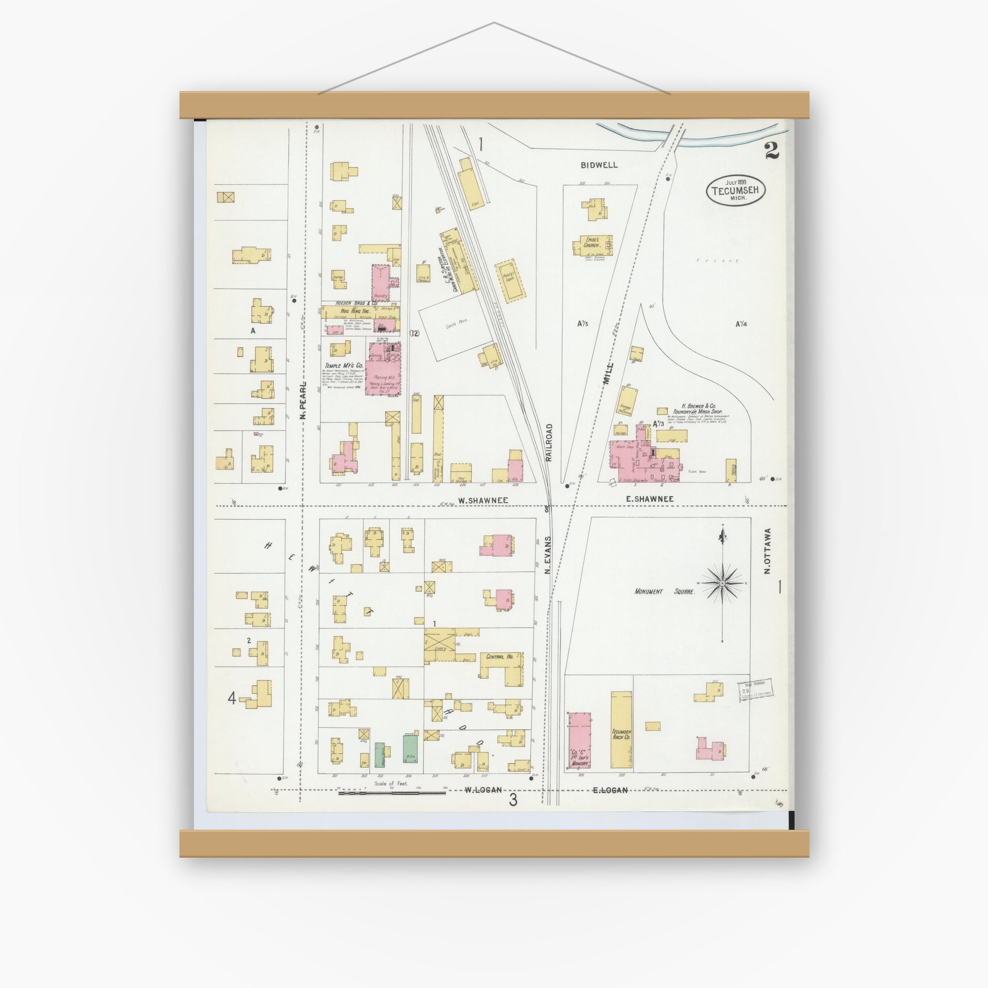 Old map wall art mockup — magnetic wood frame on white wall — Sanborn Fire Insurance Map from Tecumseh, Lenawee County, Michigan (1899), Sheet #0002