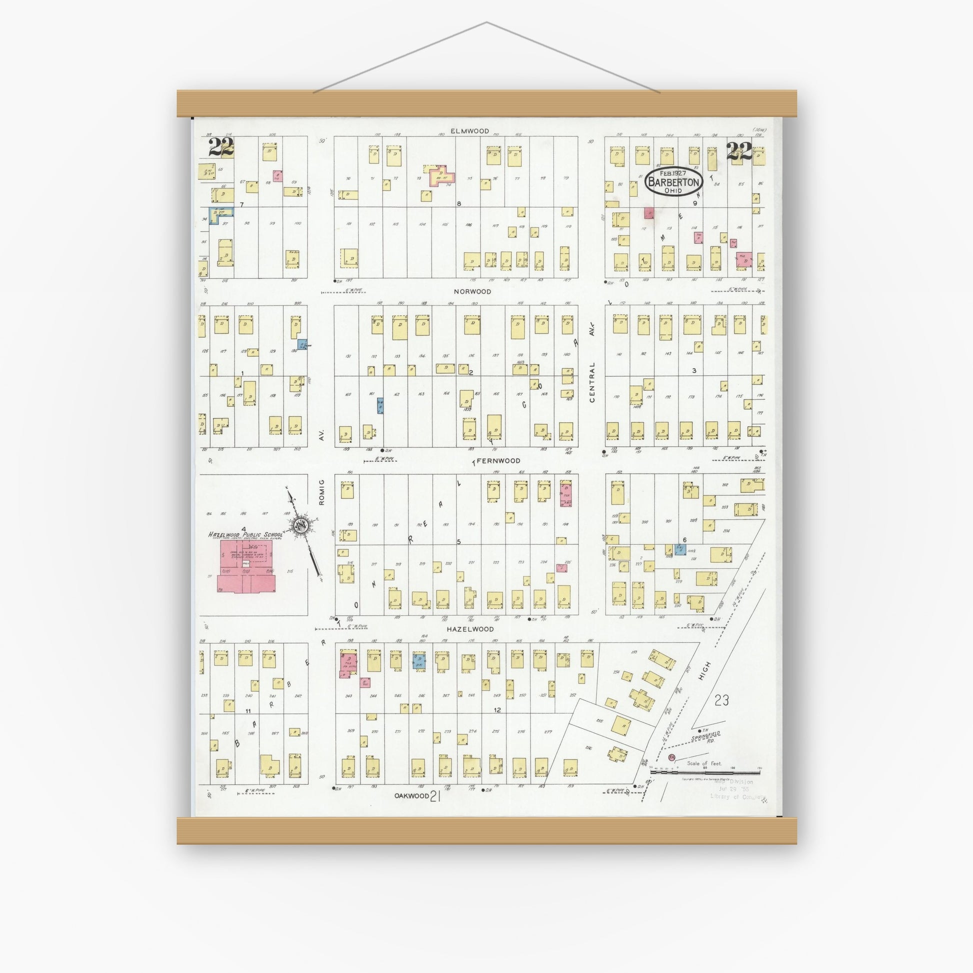 Old map wall art mockup — magnetic wood frame on white wall — Sanborn Fire Insurance Map from Barberton, Summit County, Ohio (1927), Sheet #0022