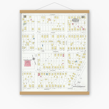 Old map wall art mockup — magnetic wood frame on white wall — Sanborn Fire Insurance Map from Barberton, Summit County, Ohio (1927), Sheet #0022