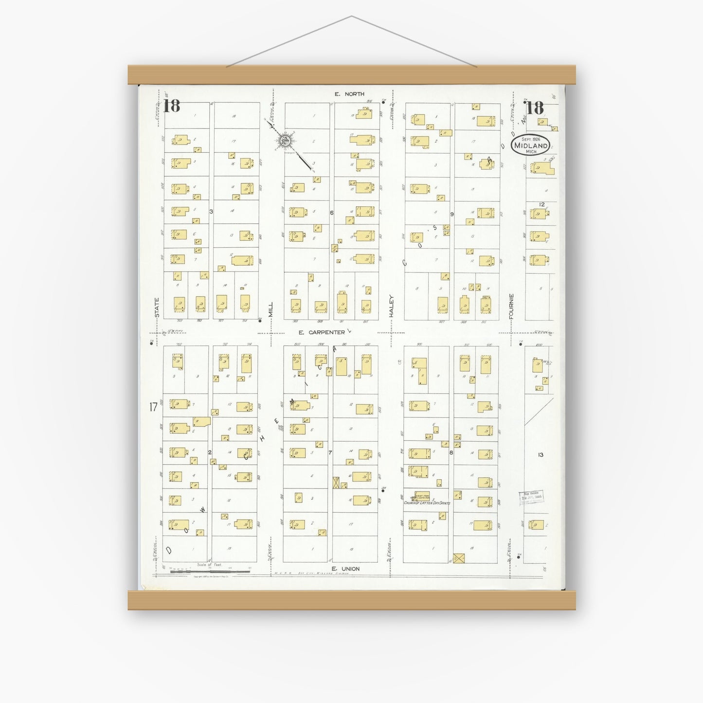 Old map wall art mockup — magnetic wood frame on white wall — Sanborn Fire Insurance Map from Midland, Midland County, Michigan (1926), Sheet #0018