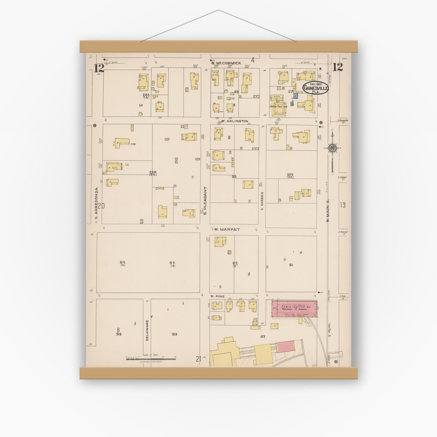 Old map wall art mockup — magnetic wood frame on white wall — Sanborn Fire Insurance Map from Gainesville, Alachua County, Florida (1922), Sheet #0012