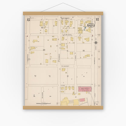Old map wall art mockup — magnetic wood frame on white wall — Sanborn Fire Insurance Map from Gainesville, Alachua County, Florida (1922), Sheet #0012