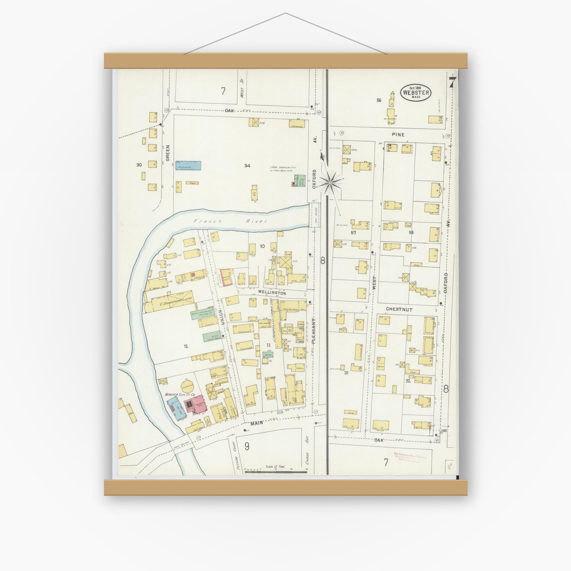 Old map wall art mockup — magnetic wood frame on white wall — Sanborn Fire Insurance Map from Webster, Worcester County, Massachusetts (1898), Sheet #0007