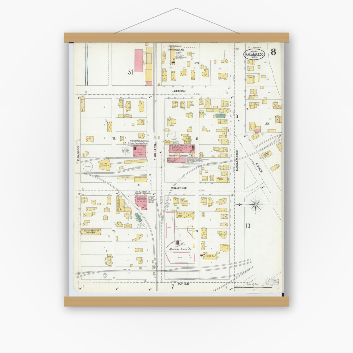 Old map wall art mockup — magnetic wood frame on white wall — Sanborn Fire Insurance Map from Kalamazoo, Kalamazoo County, Michigan (1902), Sheet #0008