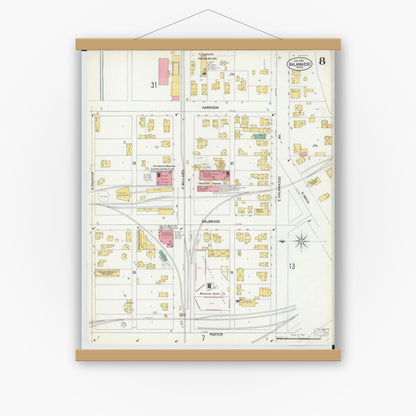 Old map wall art mockup — magnetic wood frame on white wall — Sanborn Fire Insurance Map from Kalamazoo, Kalamazoo County, Michigan (1902), Sheet #0008