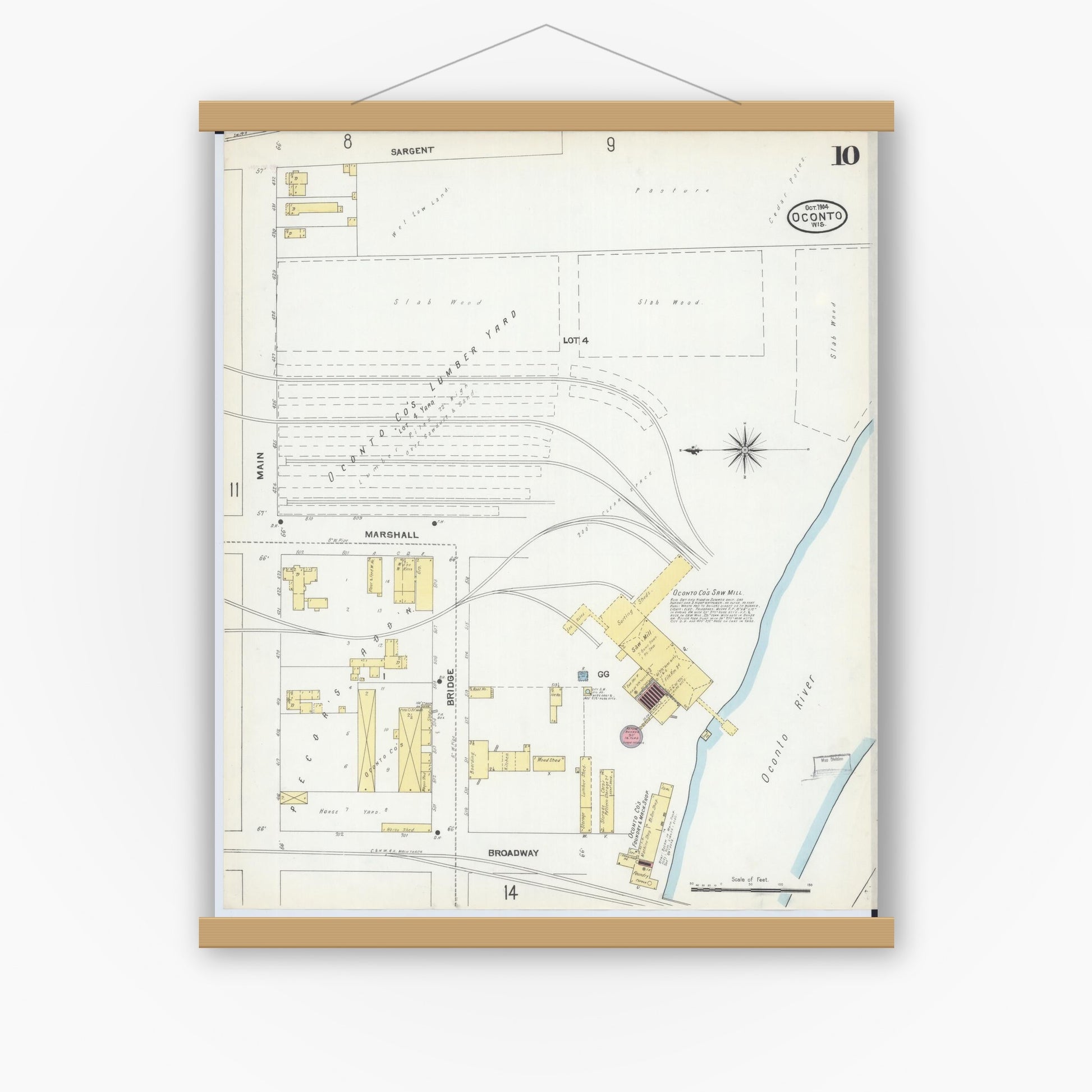 Old map wall art mockup — magnetic wood frame on white wall — Sanborn Fire Insurance Map from Oconto, Oconto County, Wisconsin (1904), Sheet #0010