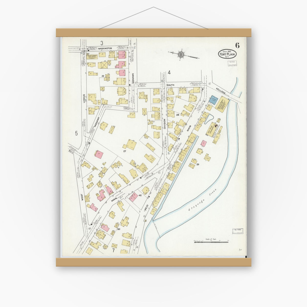 Old map wall art mockup — magnetic wood frame on white wall — Sanborn Fire Insurance Map from Fort Plain, Montgomery County, New York (1912), Sheet #0006