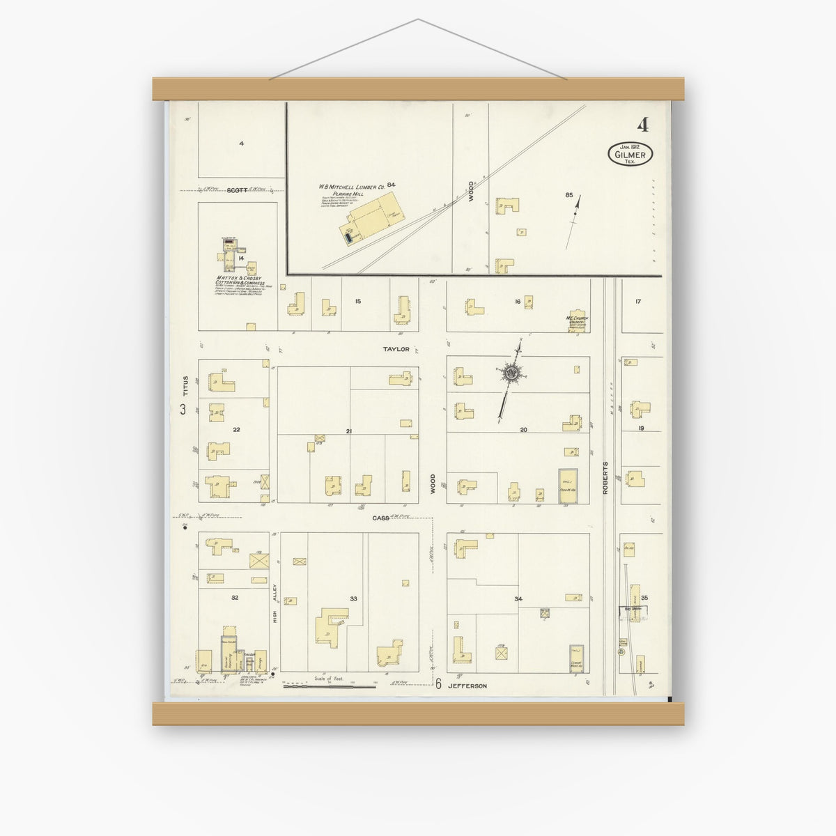 Old map wall art mockup — magnetic wood frame on white wall — Sanborn Fire Insurance Map from Gilmer, Upshur County, Texas (1912), Sheet #0004