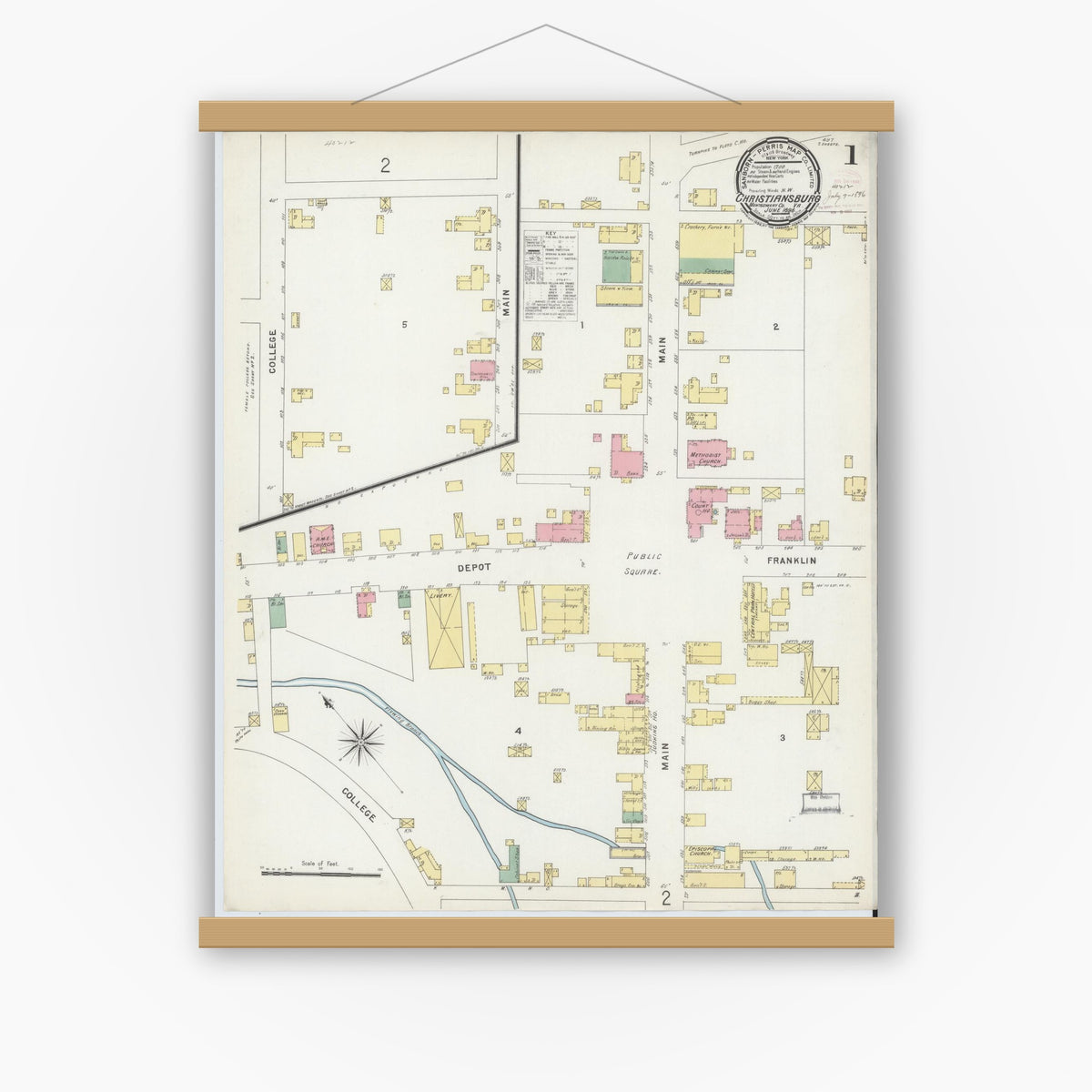 Old map wall art mockup — magnetic wood frame on white wall — Sanborn Fire Insurance Map from Christiansburg, Montgomery County, Virginia (1896) - Complete Map Set
